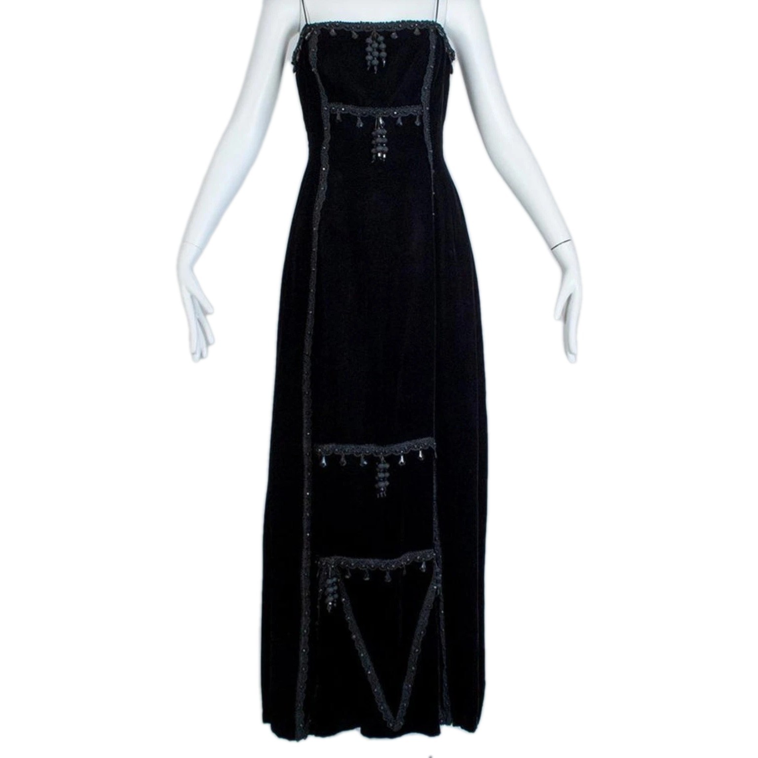 Vintage Black Silk Velvet Imperialist Chandelier Bead Passementerie Gown 1950s