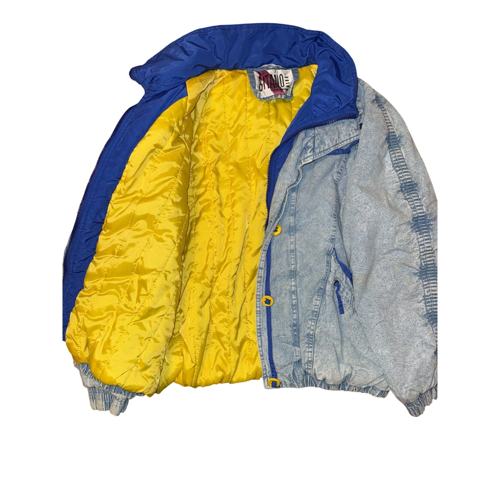 Vintage Gitano Acid Wash Denim Puffer Jacket Blue Yellow 80s 90s Streetwear M