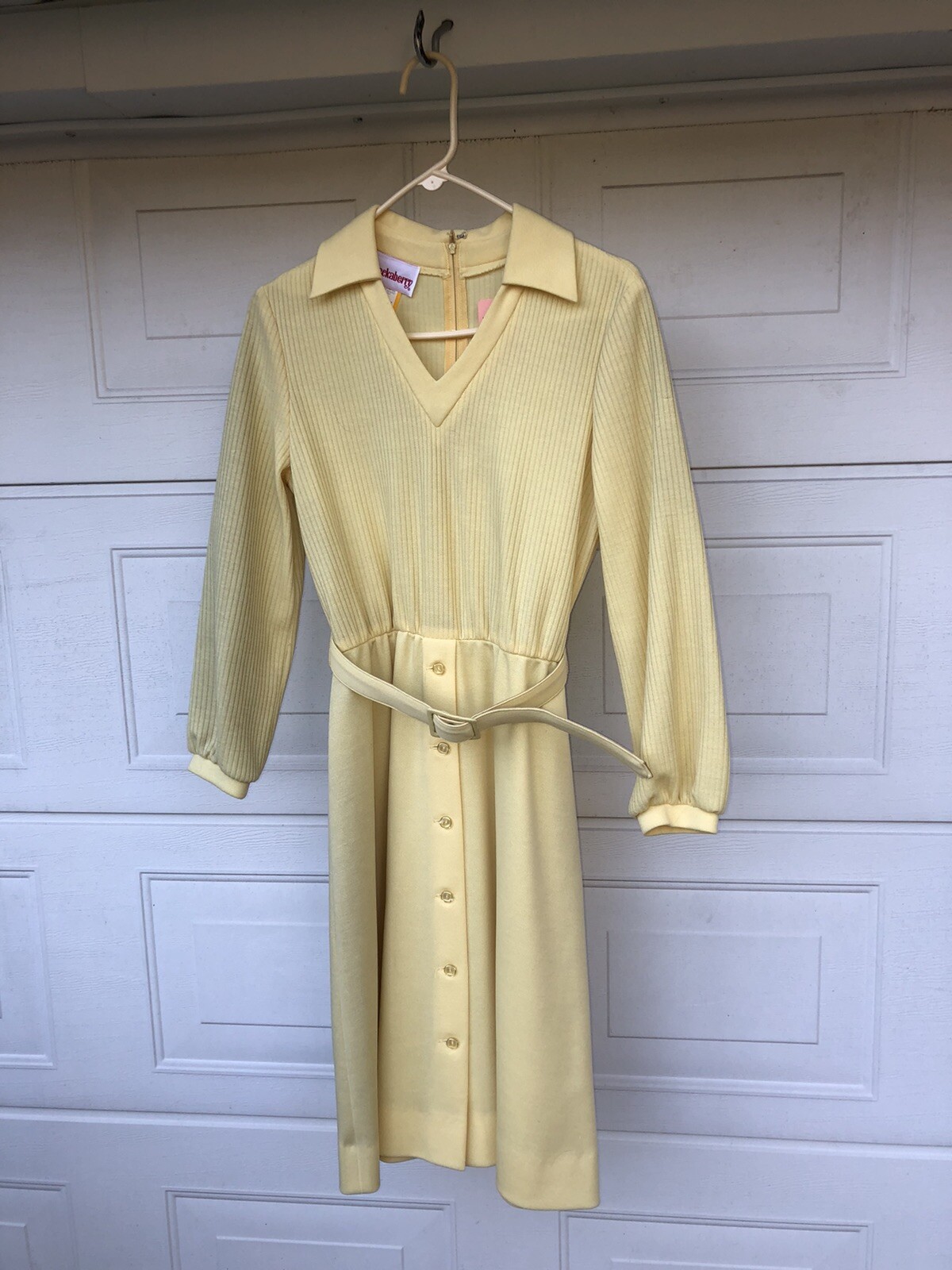Vtg Yellow Checkaberry Sz 12 Dress Polyester/Wool Belt Zipper 70’s Long Sleeve