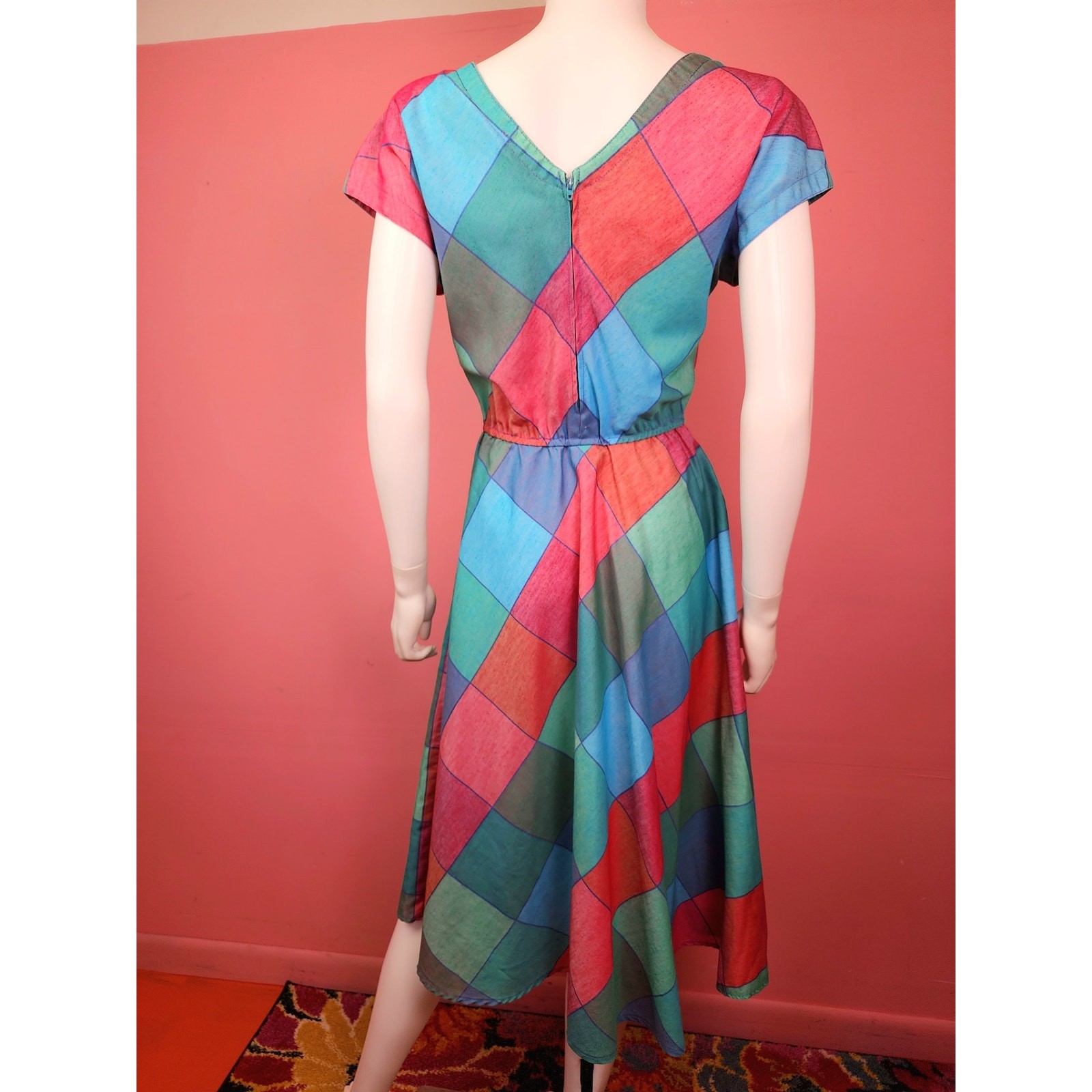 Vintage 1970’s Madras Harlequin Diamond Check Plaid Magenta Blue Shirt Dress
