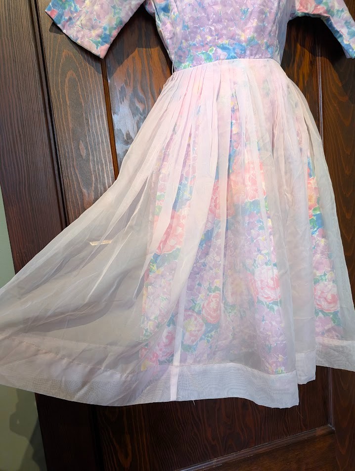 1950s VTG PASTEL FLORAL MIDI DRESS pleated sheer organza & calico XXS 0 1F