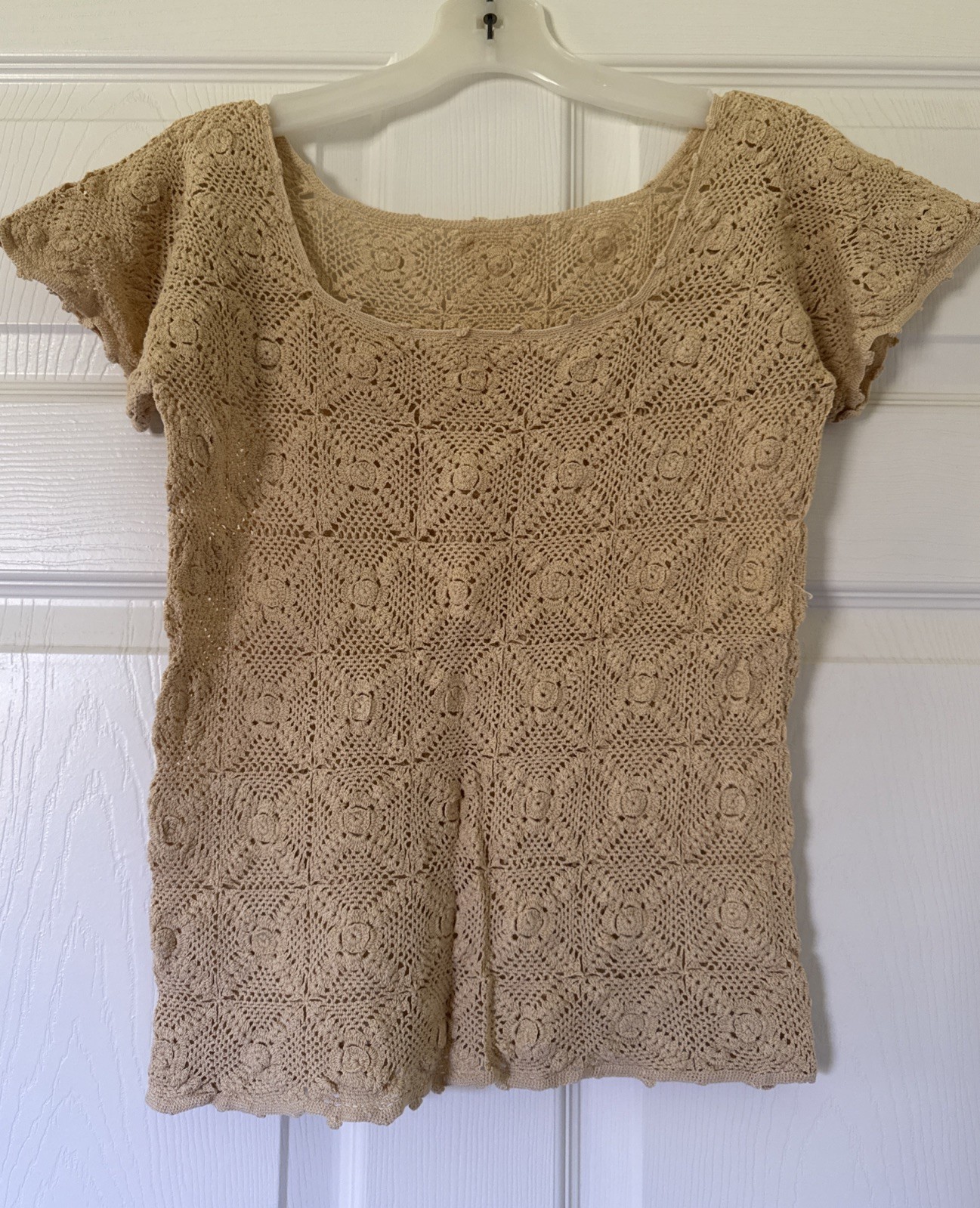 Vintage crocheted, boho, Possible 1960S shirt handmade Cream/yellow, Beach