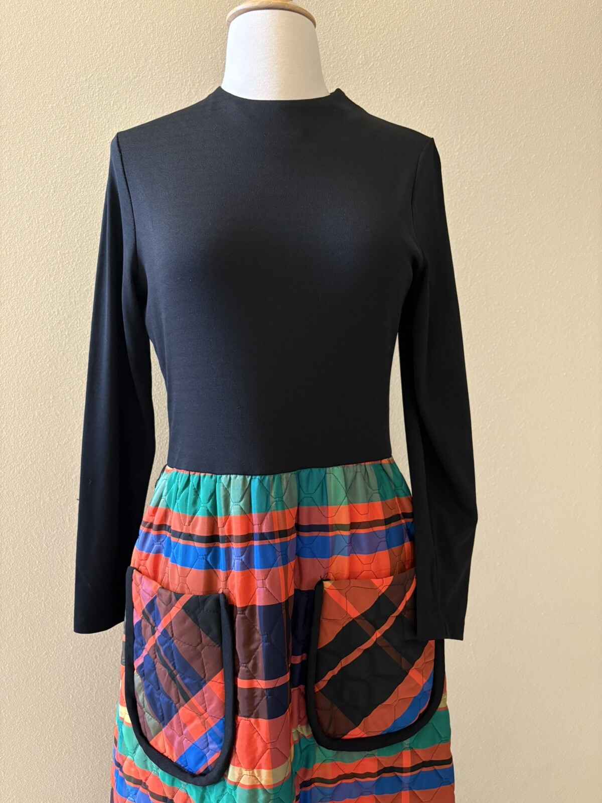 Vintage 70s One Way Hostess/ Maxi Dress with Plaid Quilted Skirt M