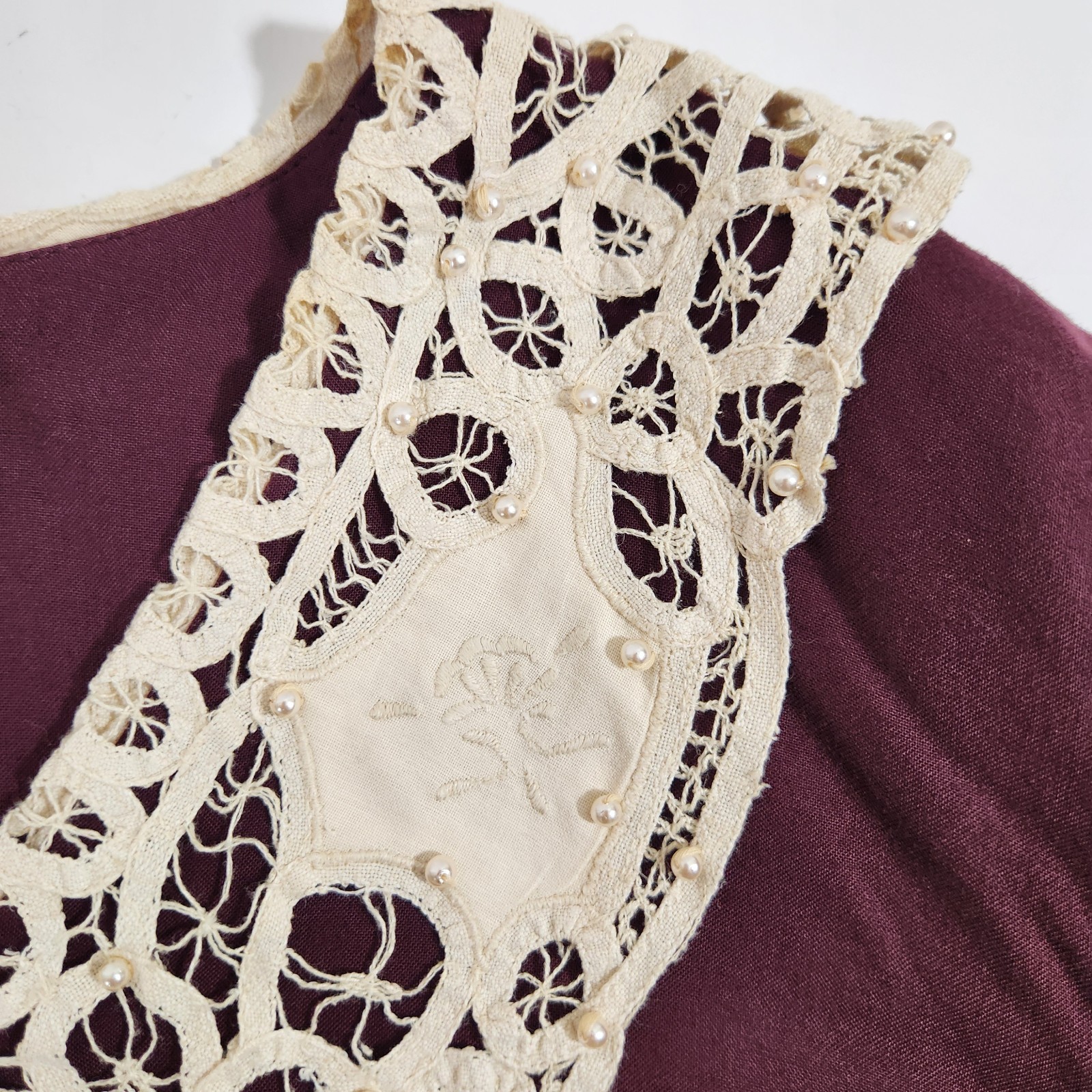 Vintage Plaza South Plus 20W Burgundy Prairie Midi Dress Lace Collar Cottagecore