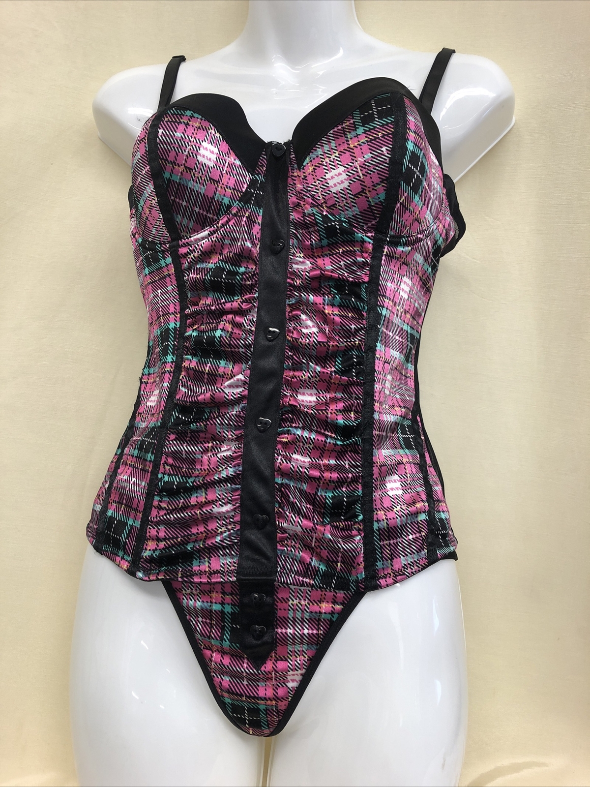 vintage Pink/black plaid Satin bustier and Thong ensemble sz 6/ 34B