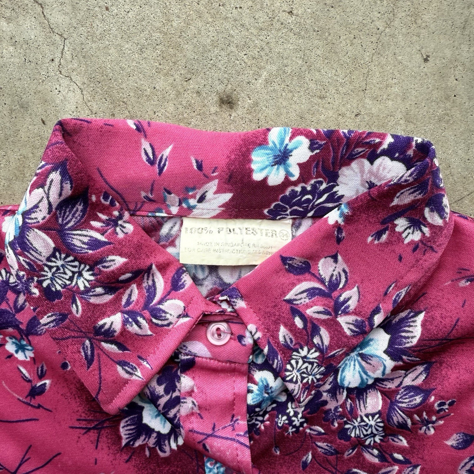 Disco Retro Vintage 70s Floral Blouse Pink Fuchsia Button Up Polyester Womens M