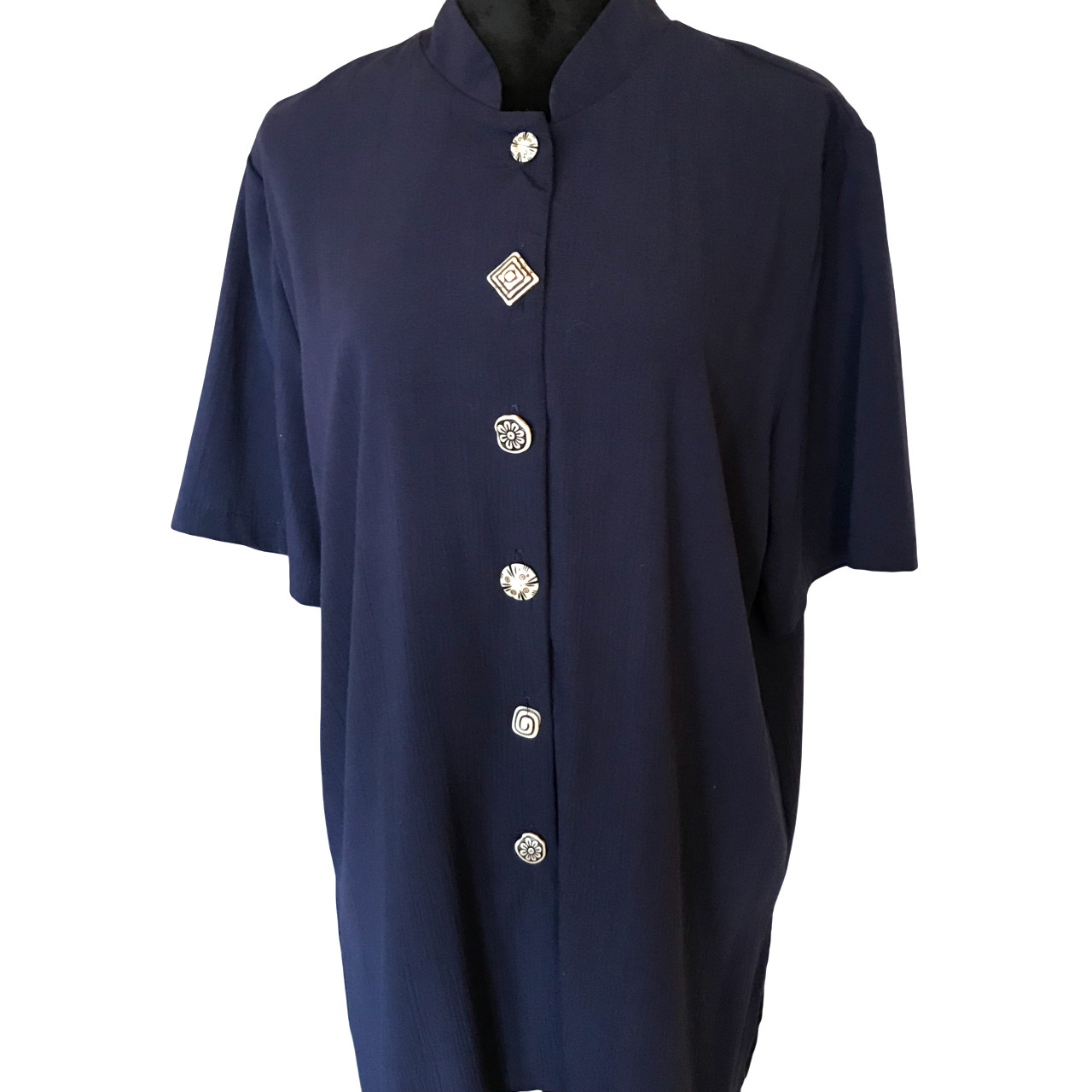 VTG 90s two twenty Rayon Blend Tunic, Dark Blue Blazer Top Unique Buttons Sz 18