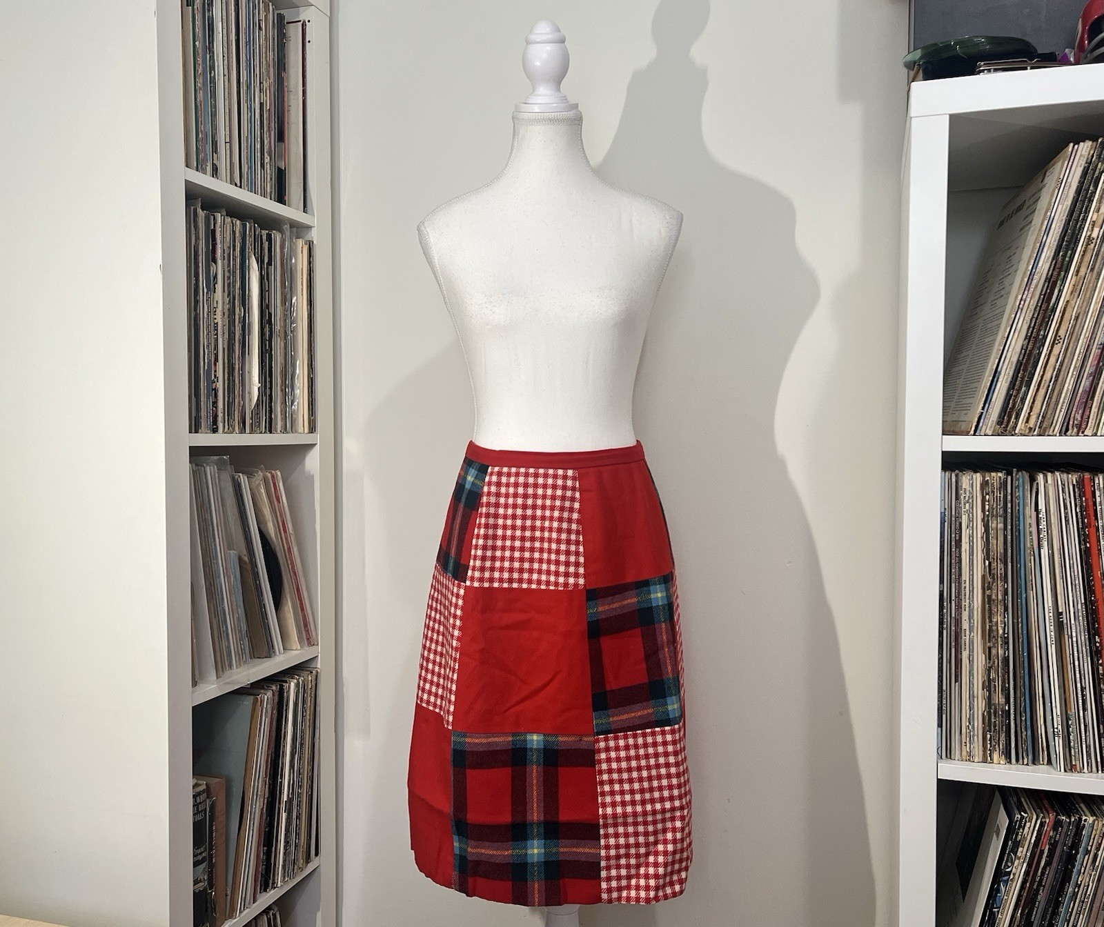 Vintage 70’s Agile Florence Walsh Wool Red Multi Plaid Patchwork Skirt Women’s 4