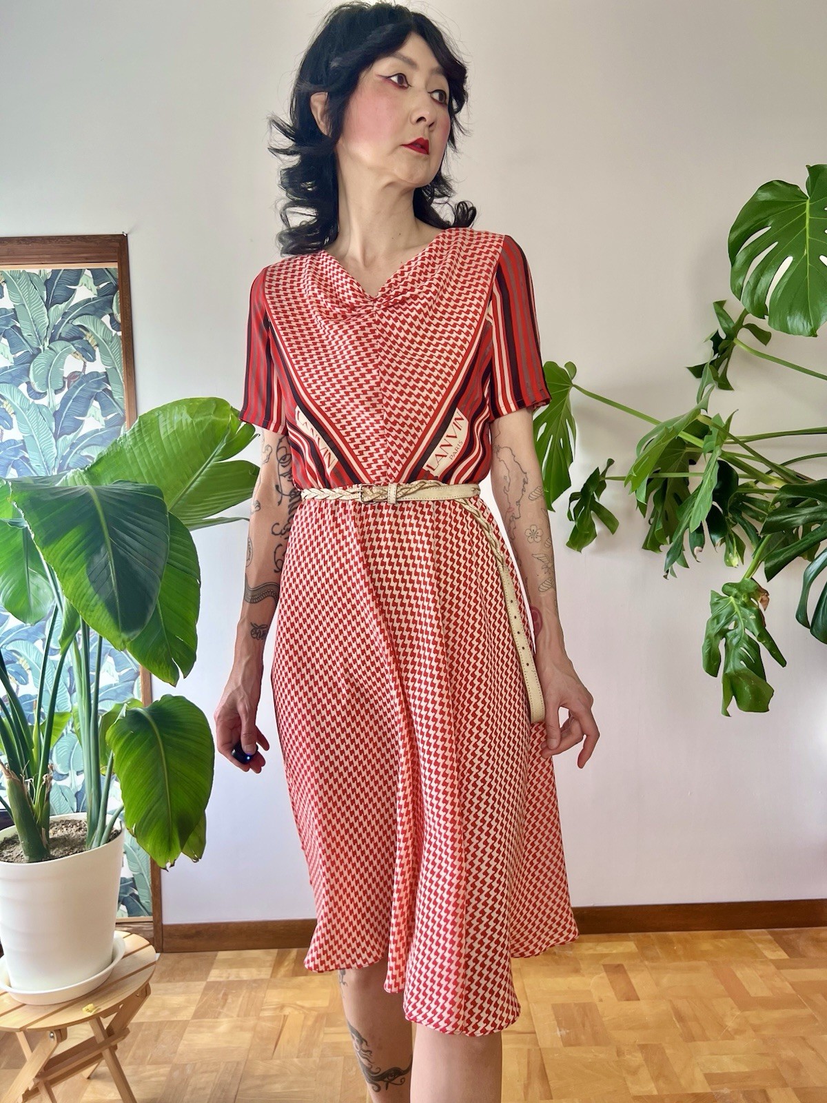 70s Handmade Lanvin Paris Fabric Bias Cut Midi Dress Scarf Print Chevron XS/S