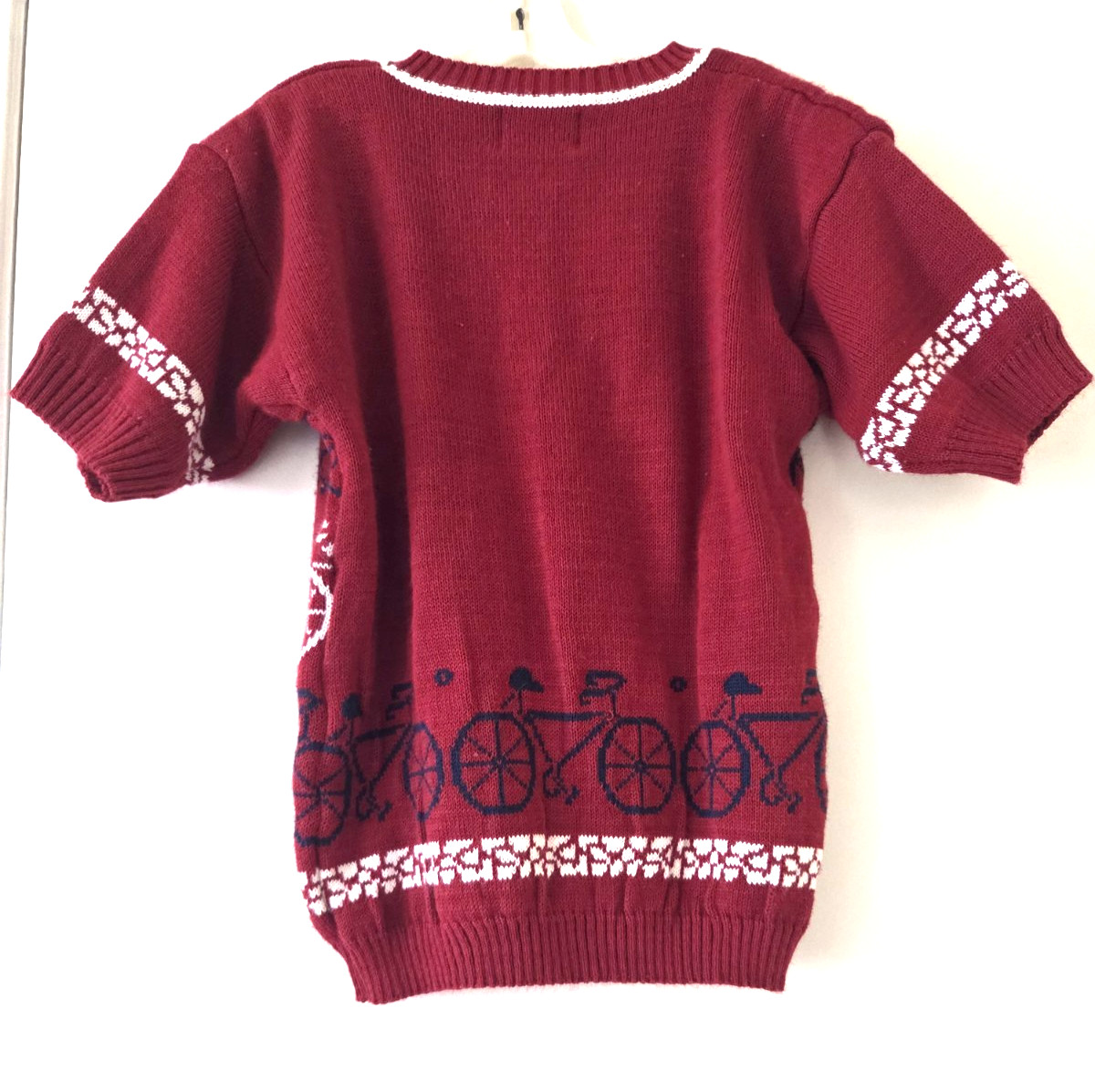Vintage 80s JANTZEN Women Sweater Red Novelty Knit Bike Bicycle Short Sleeves