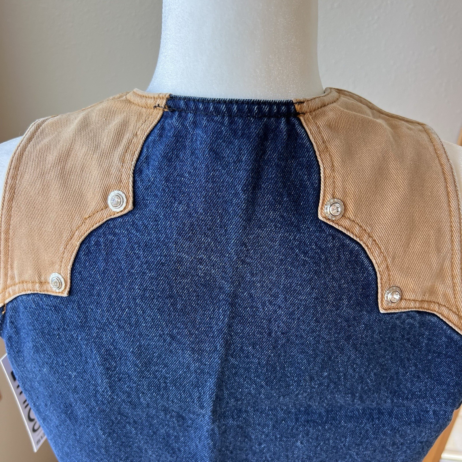 Vintage Western Ethics Bling Vest L Denim Tan 2 Tone 80s Scalloped Zip Cowgirl