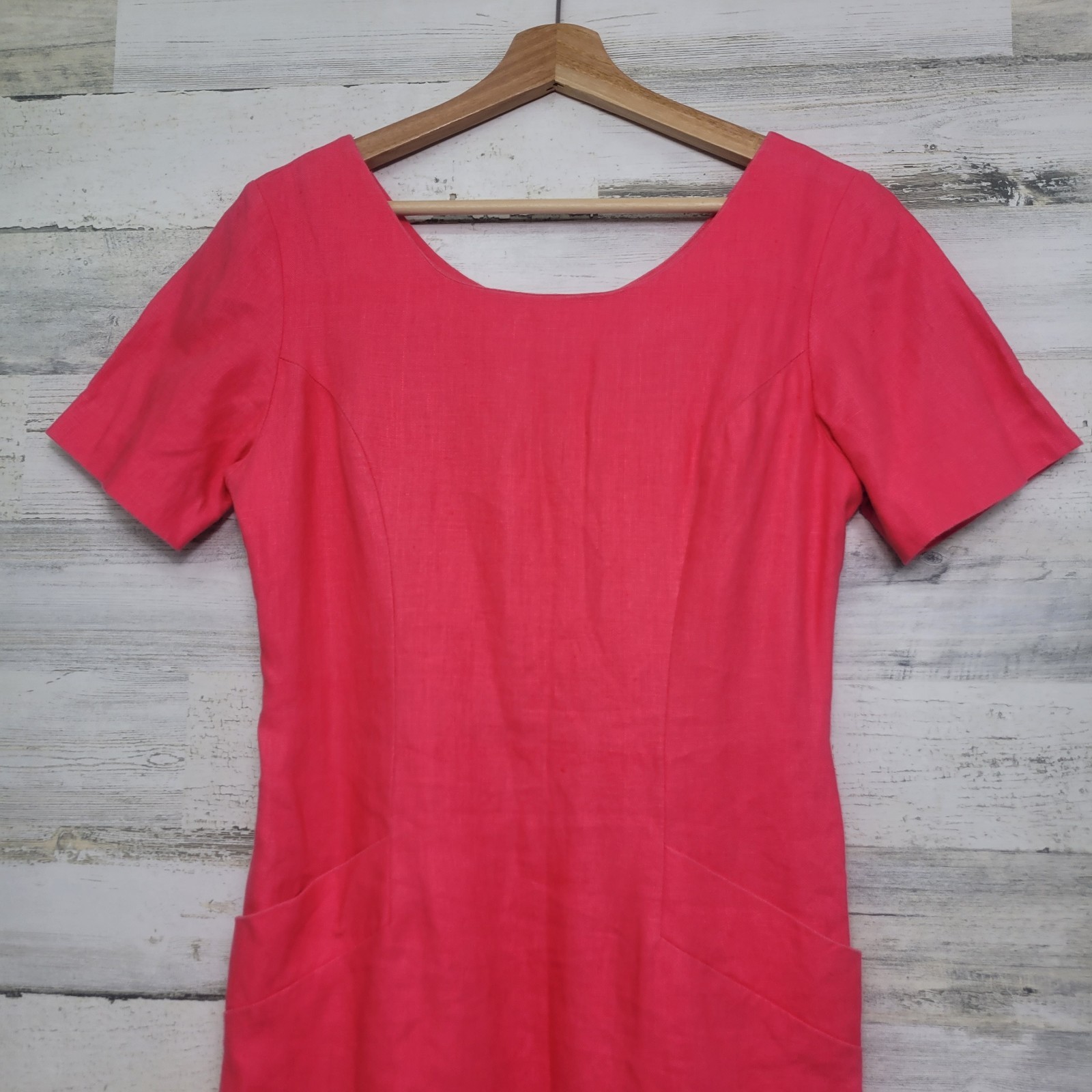 Vintage 90s Ellen Ashley Pink Linen Sheath Dress Pockets Lined Size 4