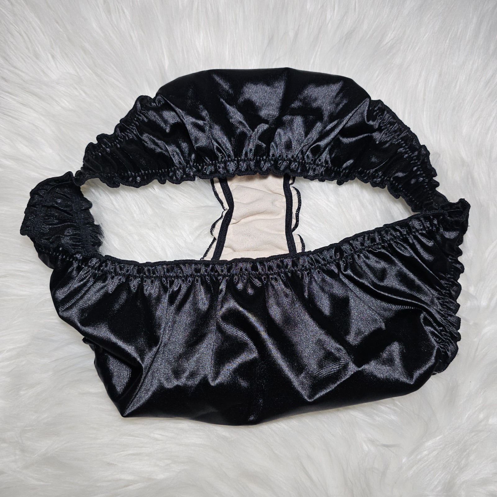 Glossy Nylon Satin Panty Liquid Black Bikini Sissy Ruffle Brief Sz. 8 Hip 40-44″