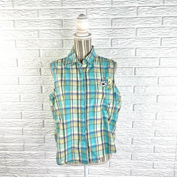 Vintage Looney Tunes Tweety Bird Plaid Sleeveless Button Up Shirt Size Large