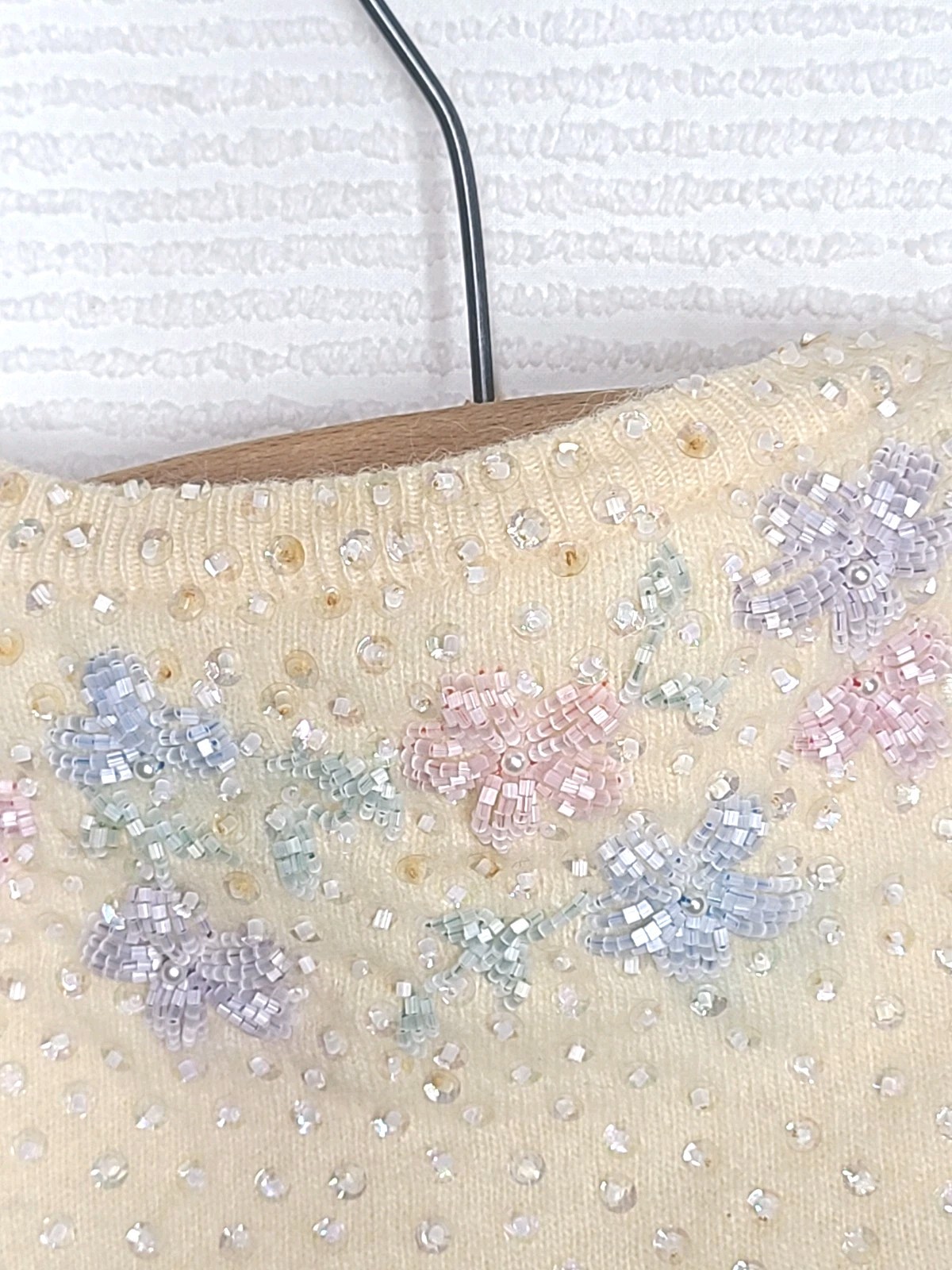 1950s Beaded Cashmere Cardigan Silk Lined Cut Glass Alfred Wong Small Vintage
