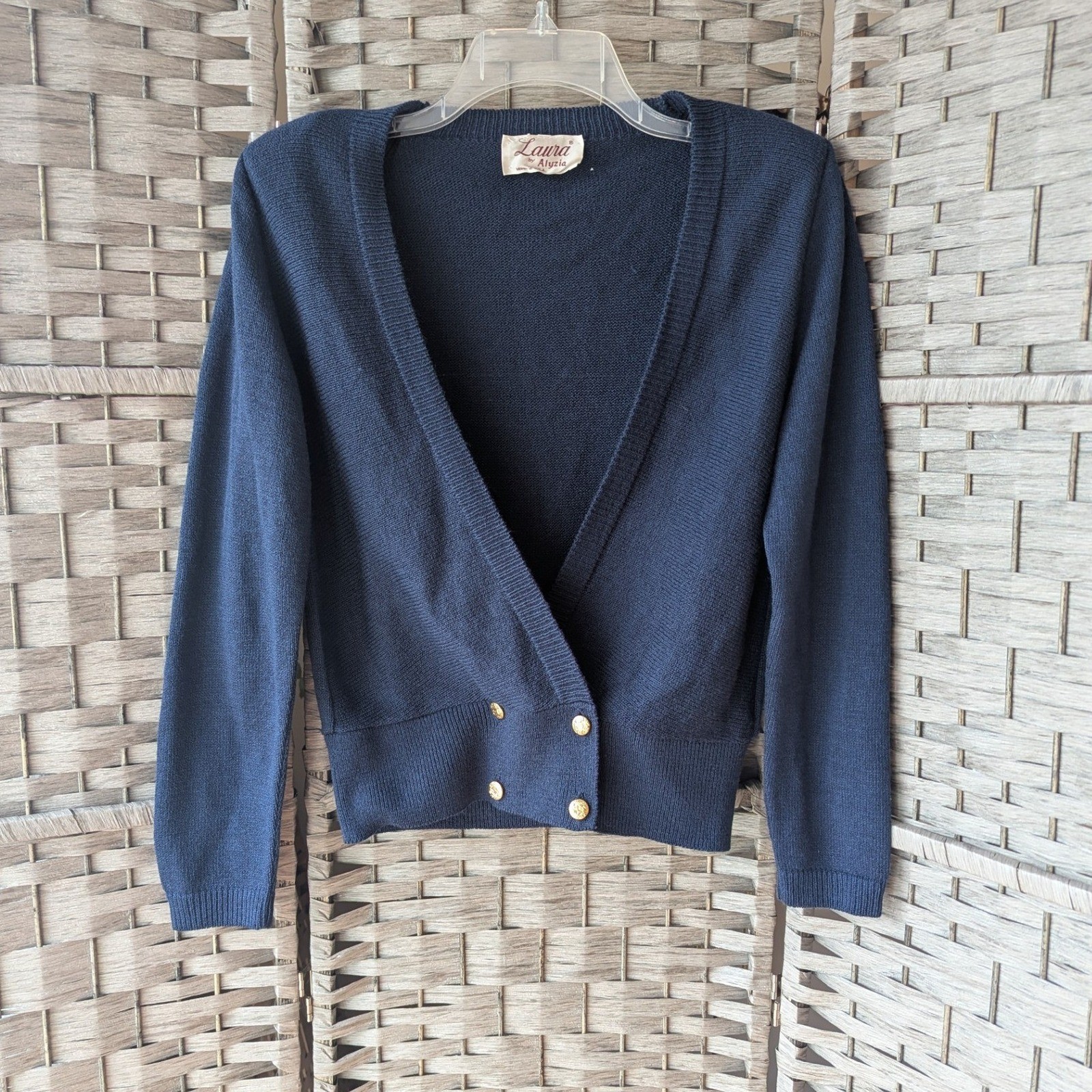 Vtg 80s Navy Blue Cropped Cardigan Gold Buttons Preppy Nautical Sweater USA 8