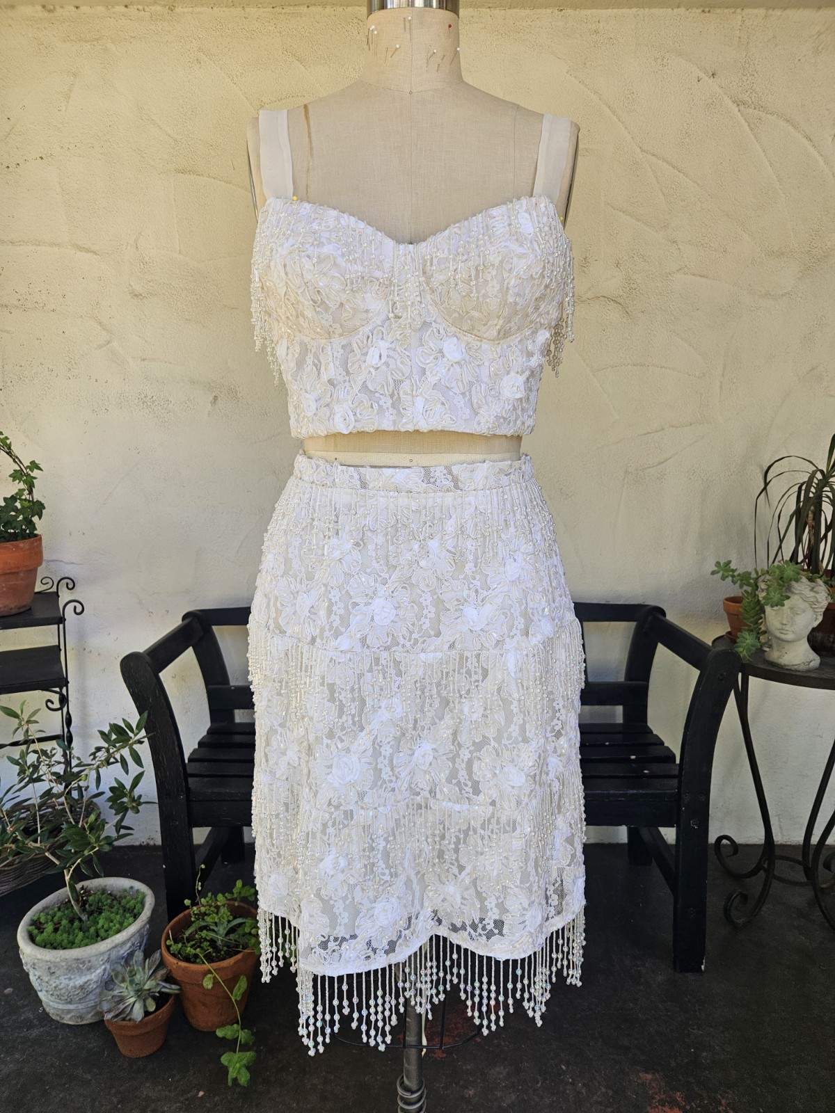 Vintage 1980s 2 Pic Wedding Dress Beaded Fringe Lace Bridal Bustier And Skirt L