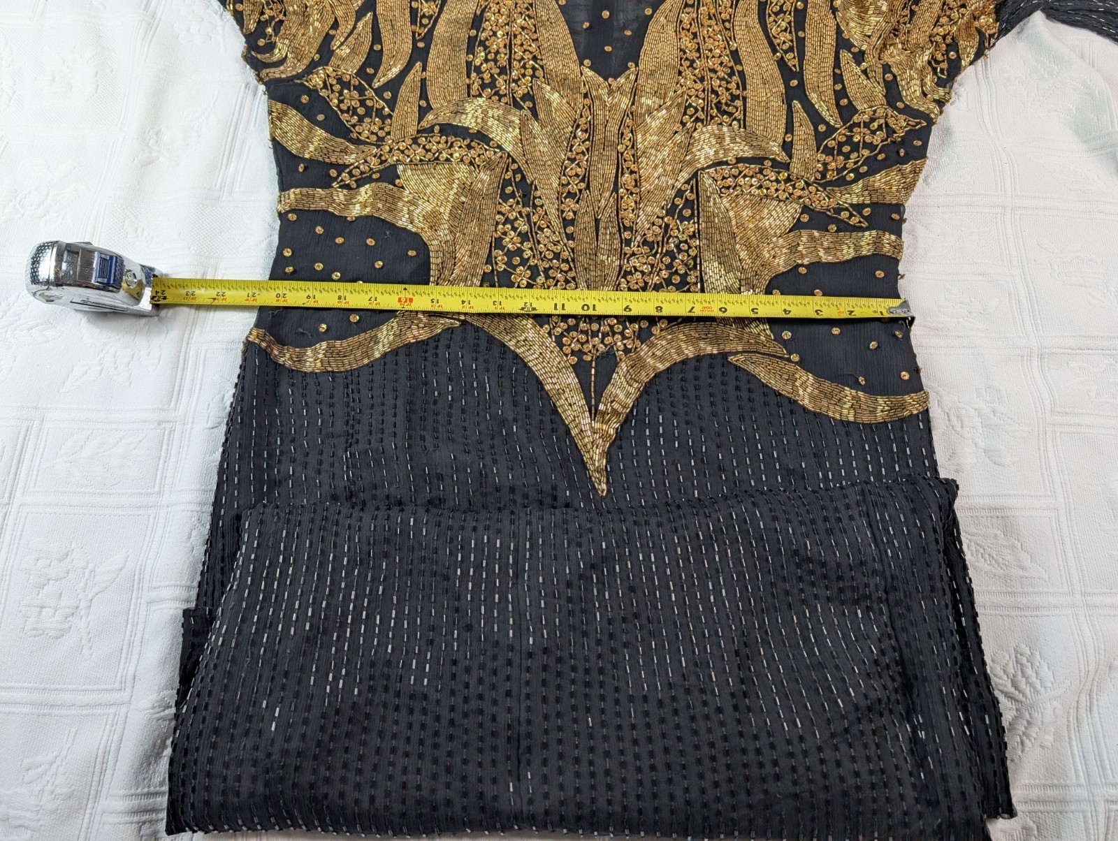 Vtg Landmark Silk Beaded Gown XL, Black Gold Sequin Maxi Dress, Flapper READ