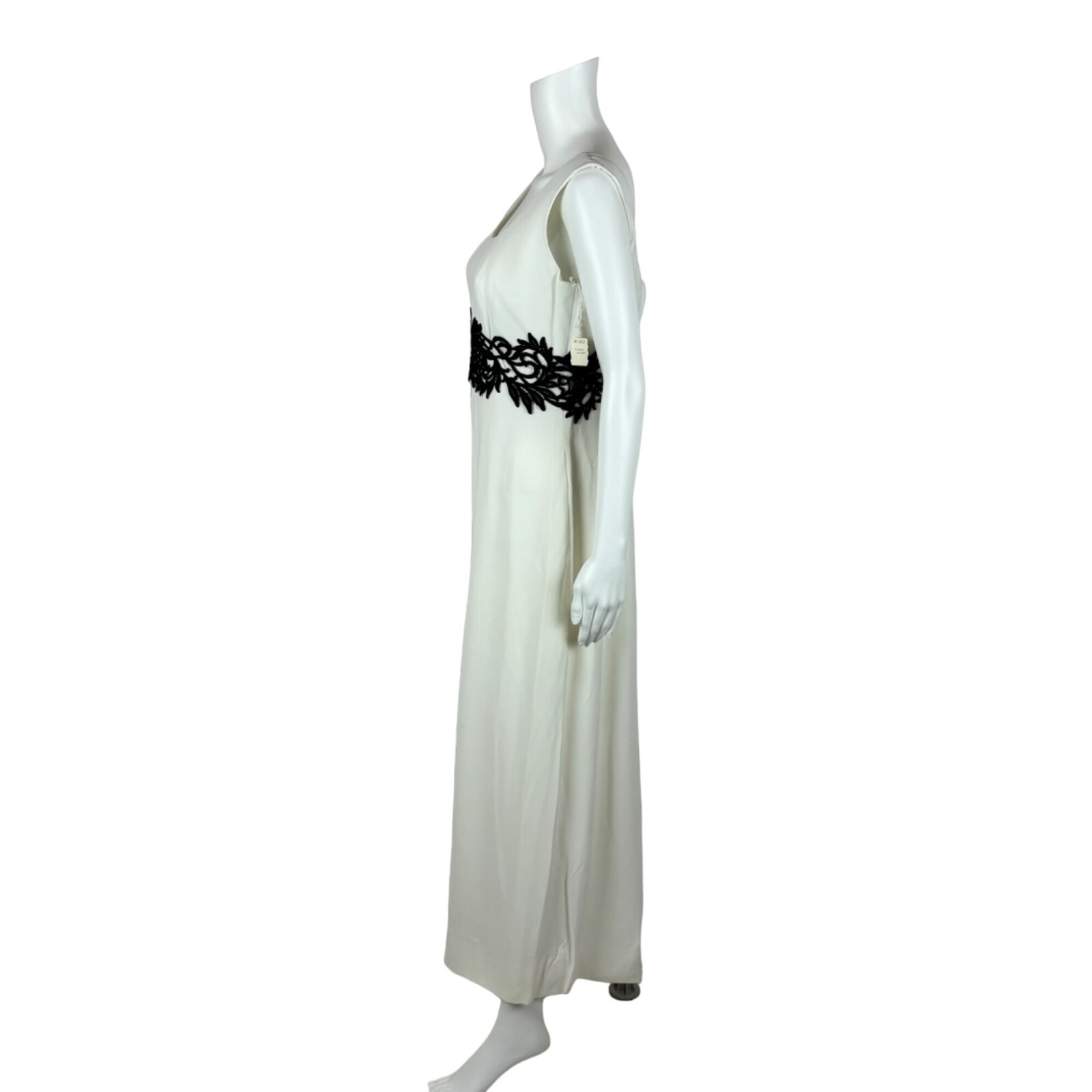 Vintage 60s Evening Dress Women’s Large White Princess Gown Black Embroidery
