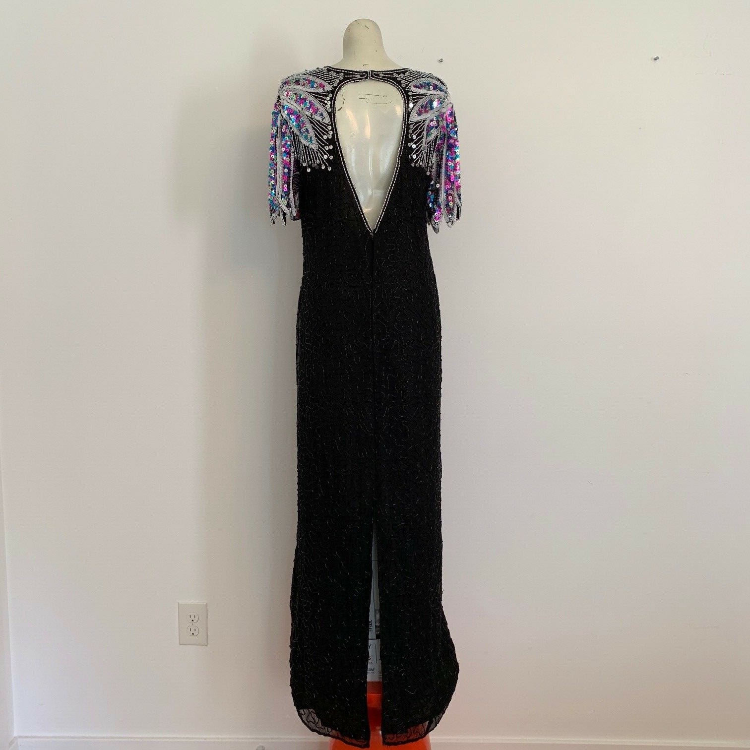 Vintage Beaded Sequins Black Dress SWEE LO Keyhole Back Cocktail Evening Gown