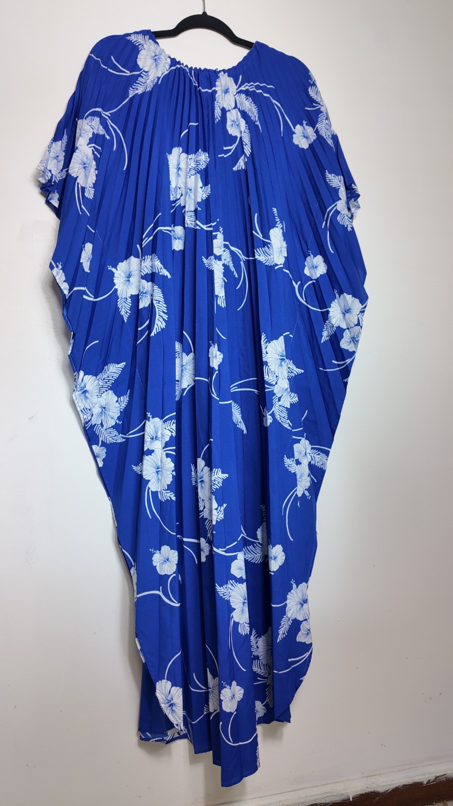 Vintage 70s 80s Royal Palm Hawaii Blue Pleated Kaftan Hibiscus Floral Dress