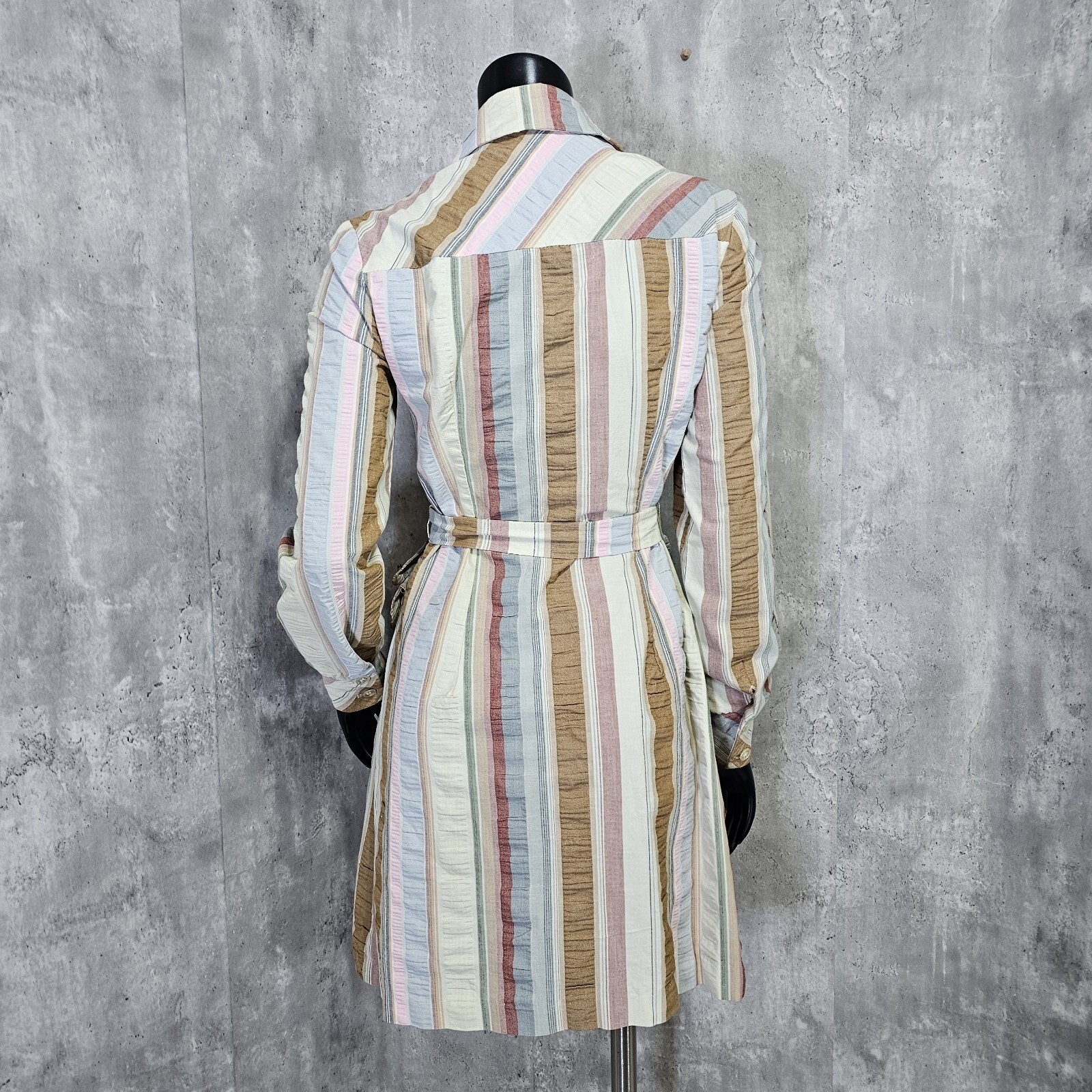Vintage 70s Mindy Malone Striped Belted Shirt Dress ILGWU Union Made Mod USA