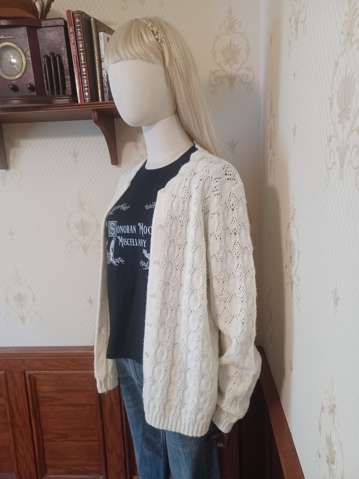 Vintage 1960s/1970s Kenneth Too Ivory-Colored Open Knit Sweater Girl Cardigan