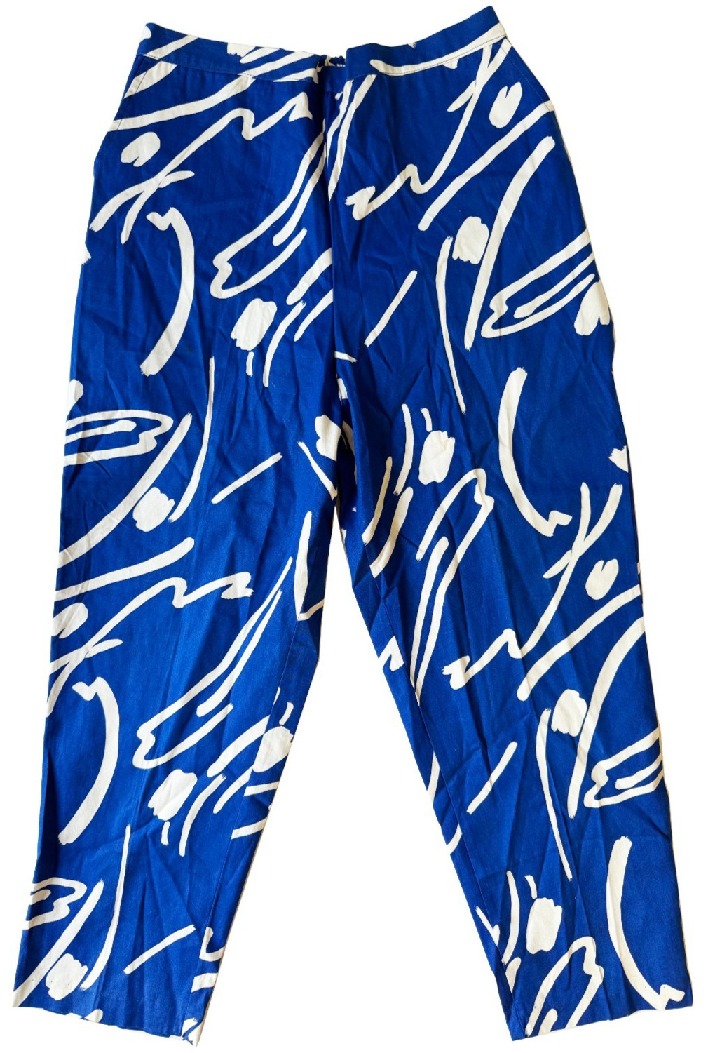 Vintage 80s Women’s Cotton Pants Memphis Print Blue White USA NEW Size M
