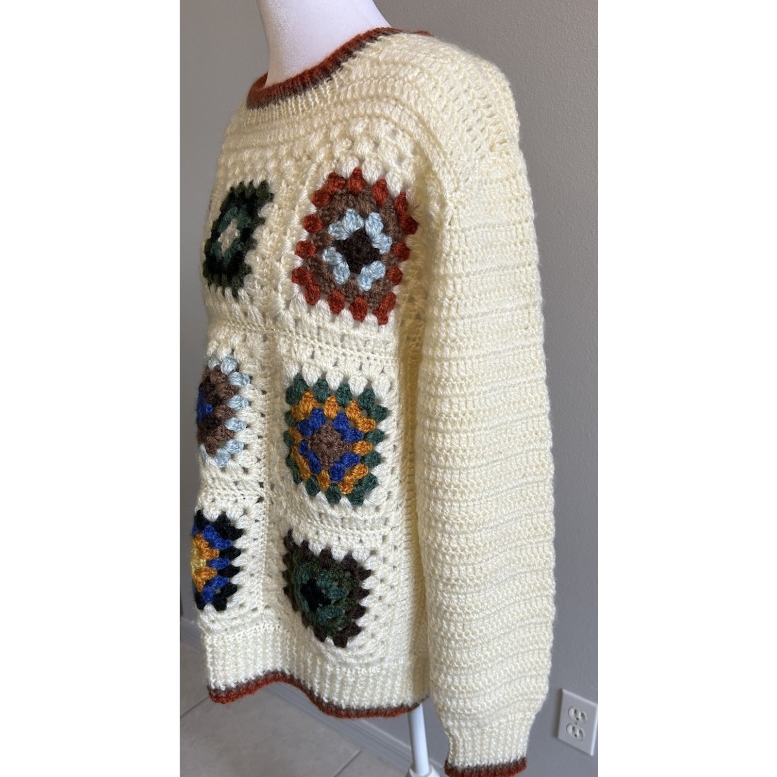 VTG 60s Granny Square Sweater Handmade Boho Hippie Crochet Knit Korean UNISEX M