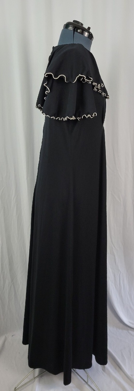 Vintage Black Dress w Shawl Collar Cream Piping Accent Size 14