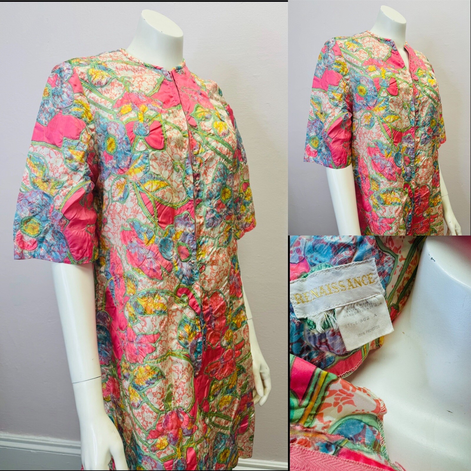 VTG RARE Caftan Kaftan Loungewear night Gown Dress robe glo pink floral zip S/M