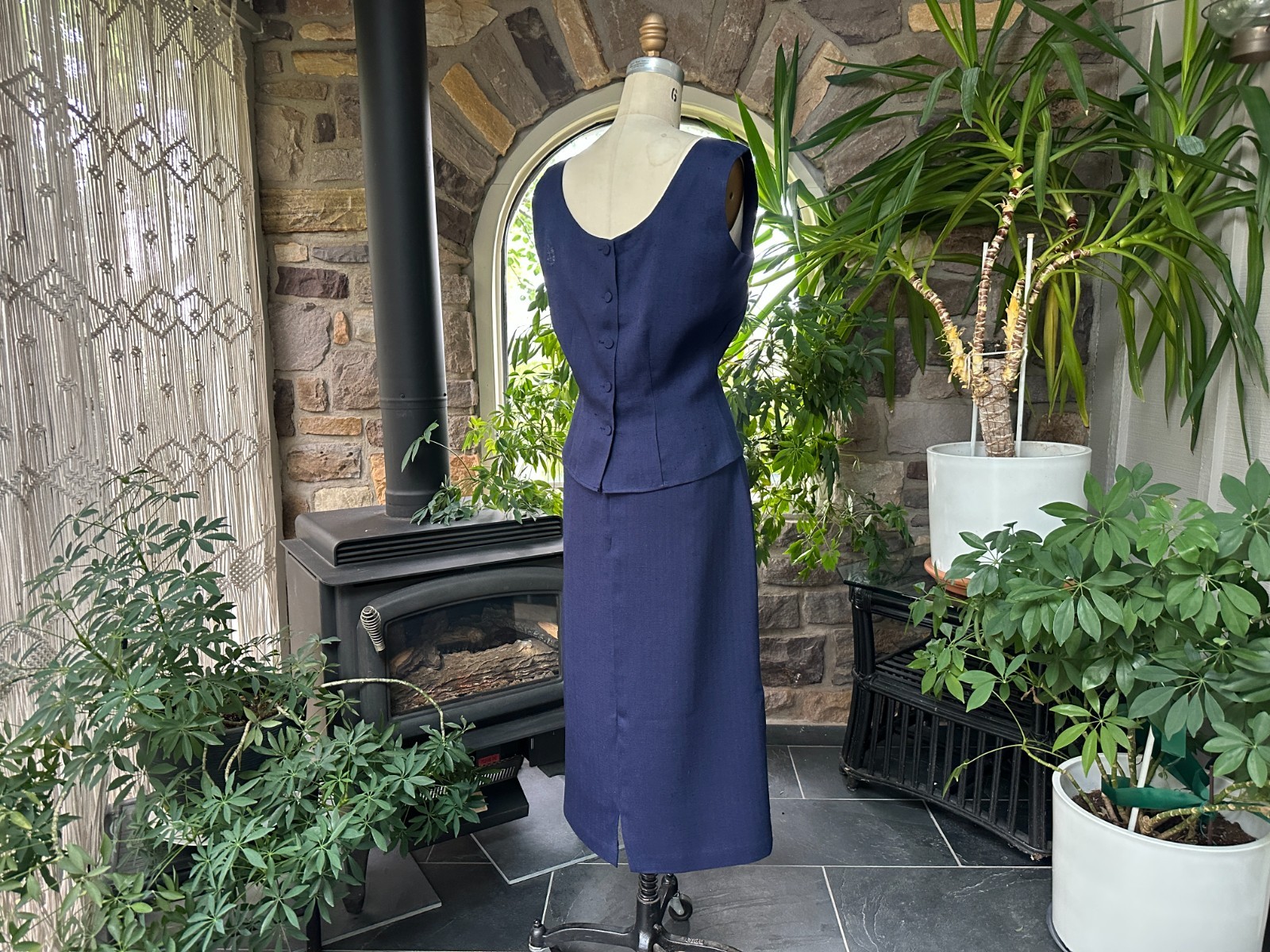Vintage 1950s Nelly de Grab Navy Blue Textured Linen Look Rayon Skirt Suit Set