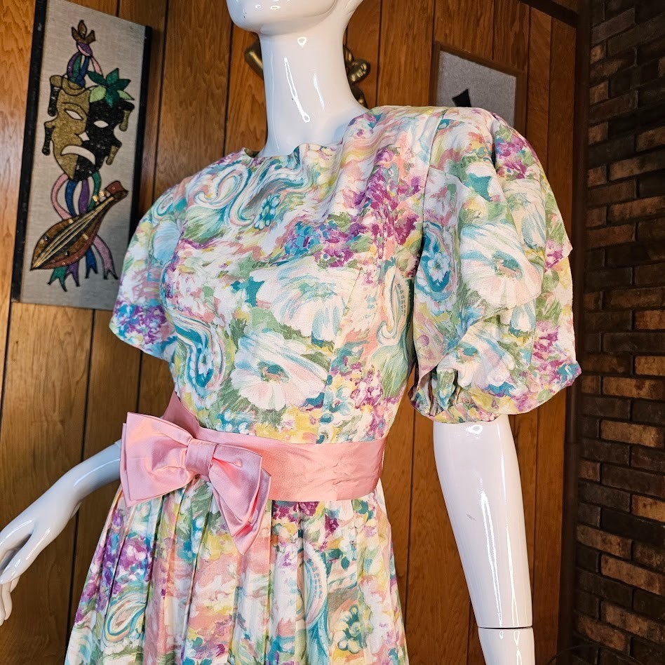 Vtg 80s Fever Dream Floral Romantic Garden Party Belted Bow Volup Tea Dress M/L