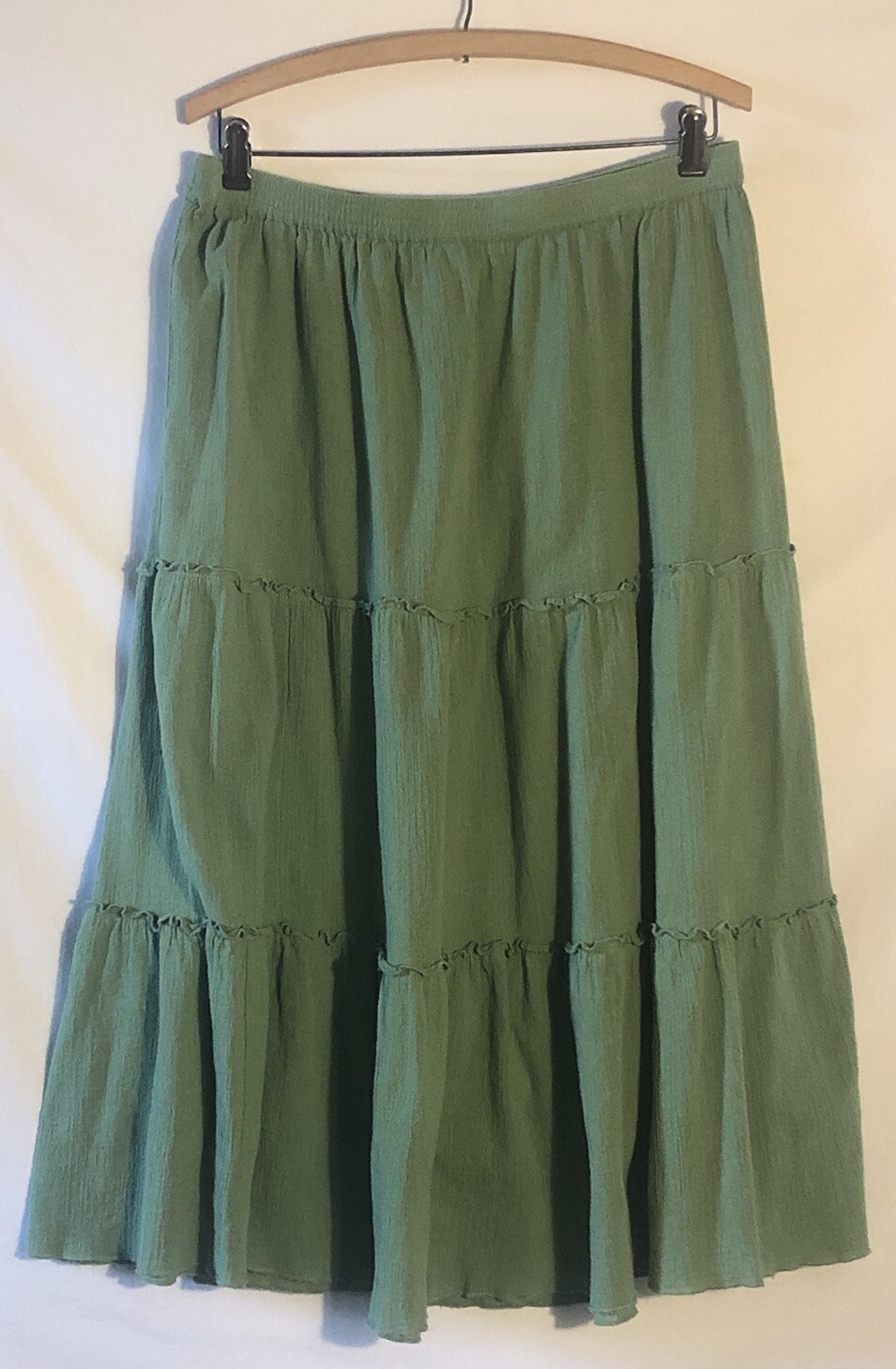 70s Vtg Two Twenty L Pull On Lime Green Cotton Tiered Skirt Boho Hippie Spring
