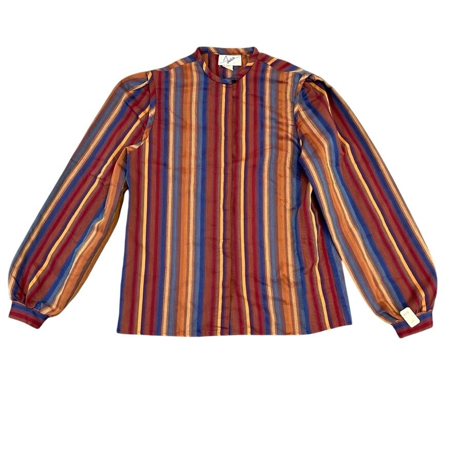 John Weitz Vintage 80s Blouse Band Collar Striped Multi-Color Long Sleeve Size 8