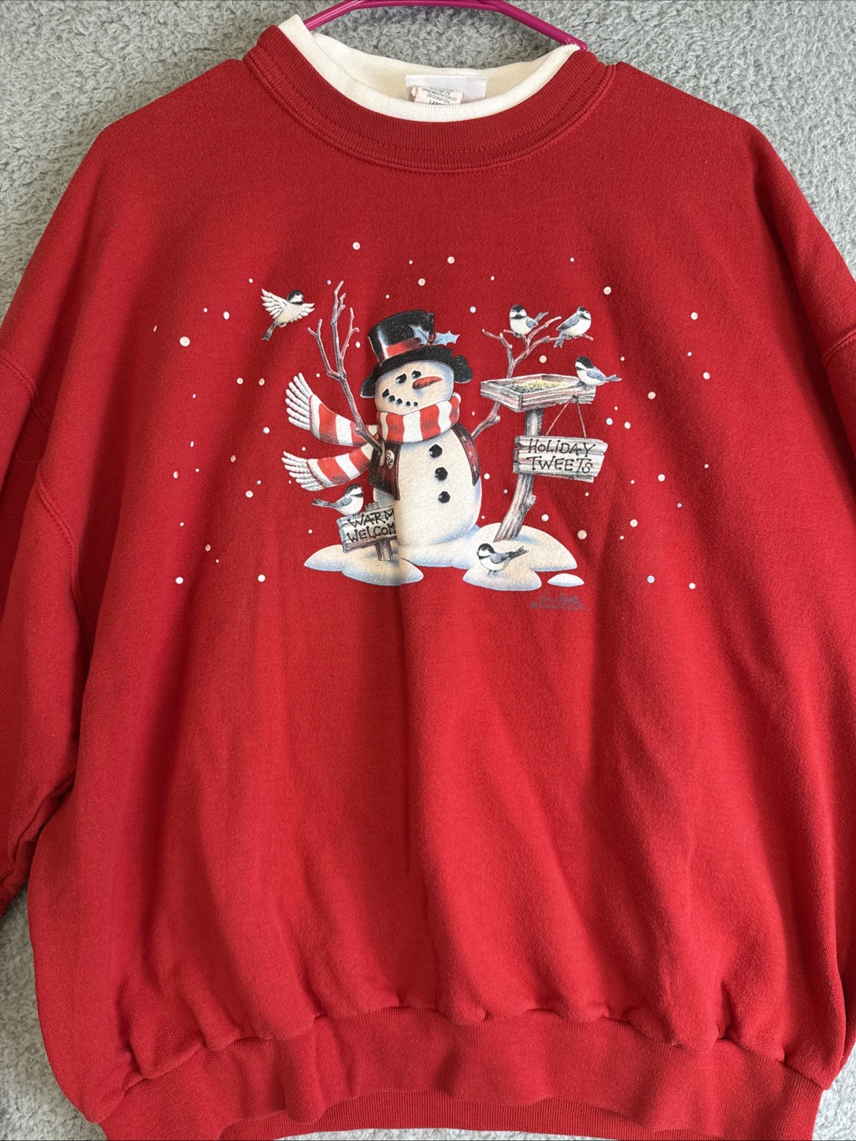 Morning Sun Vintage Crewneck Pullover Sweatshirt Large Snowman Birds Christmas