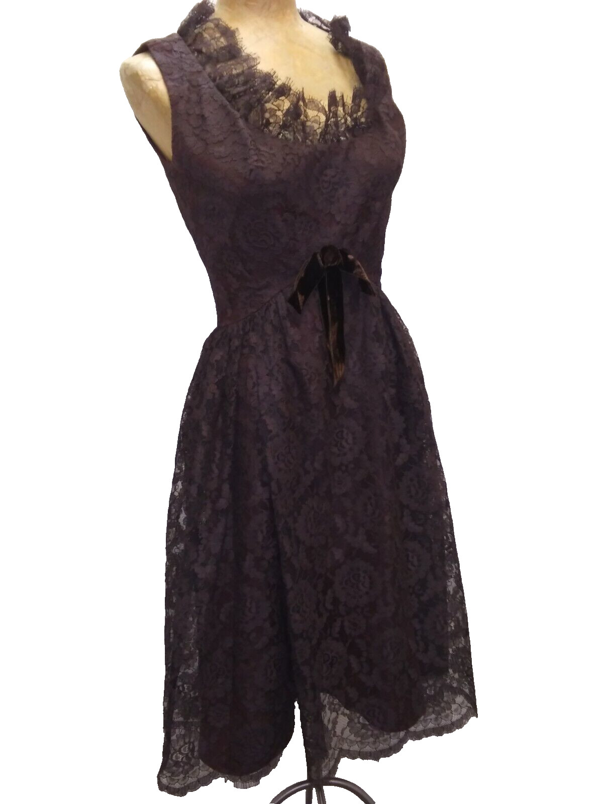 Vintage 1960’s Chocolate Brown Rayon Lace Mod Cocktail Dress by Arkay S/M
