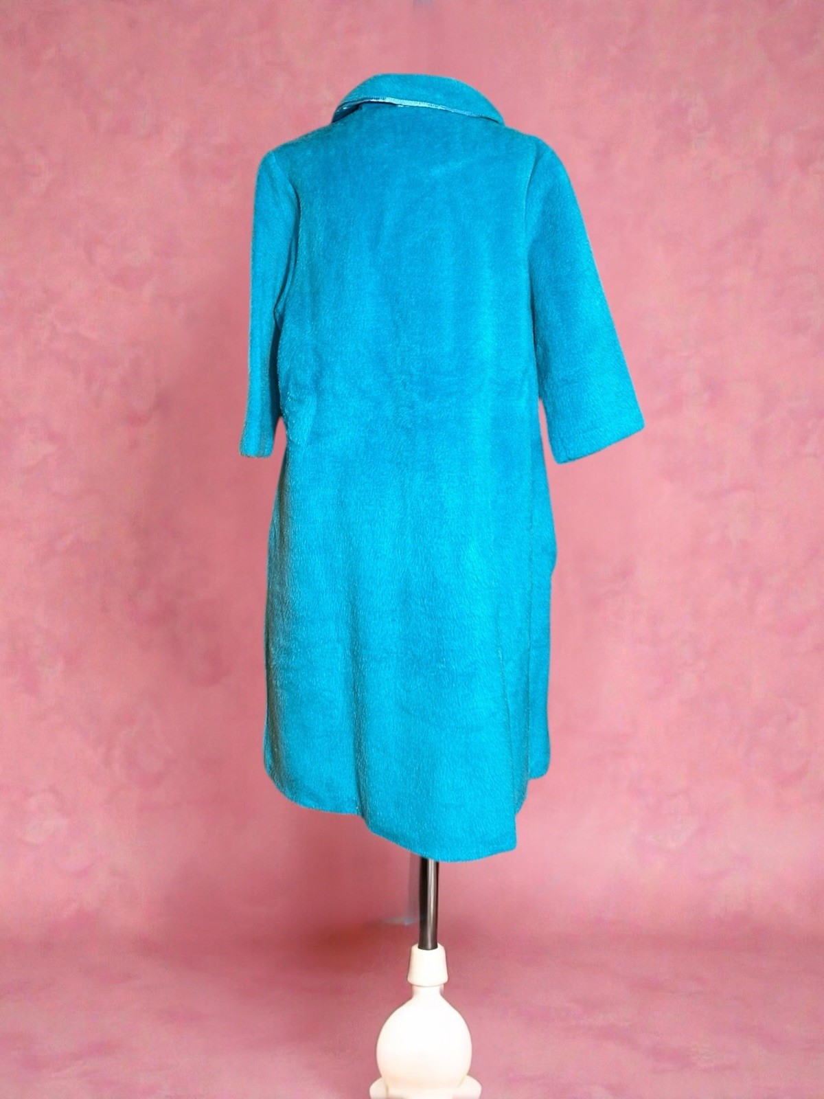 Vtg 1960s Mod Turquoise 100% Cotton Plush Swing Coat Floral Appliqué Jacket L 14