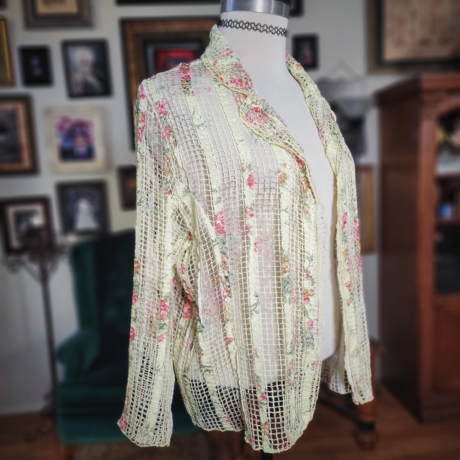 Demisienne Lace Cardigan Vintage Y2K Floral Mesh Sheer Jacket Yellow Boho Large