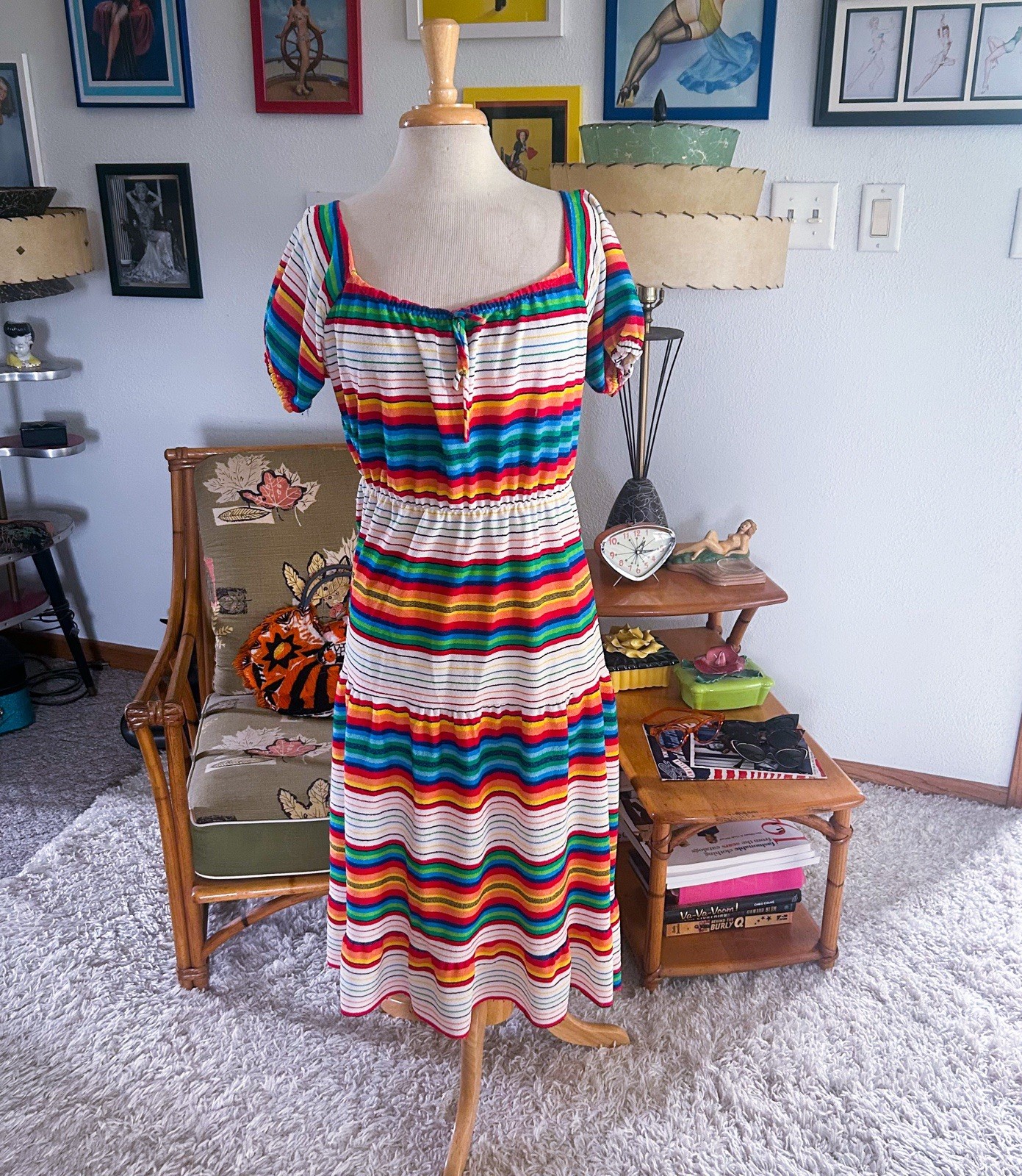 Vintage 1940s Style Dress | Rainbow Stripe | Peasant | XL 2XL | Volup | 70s
