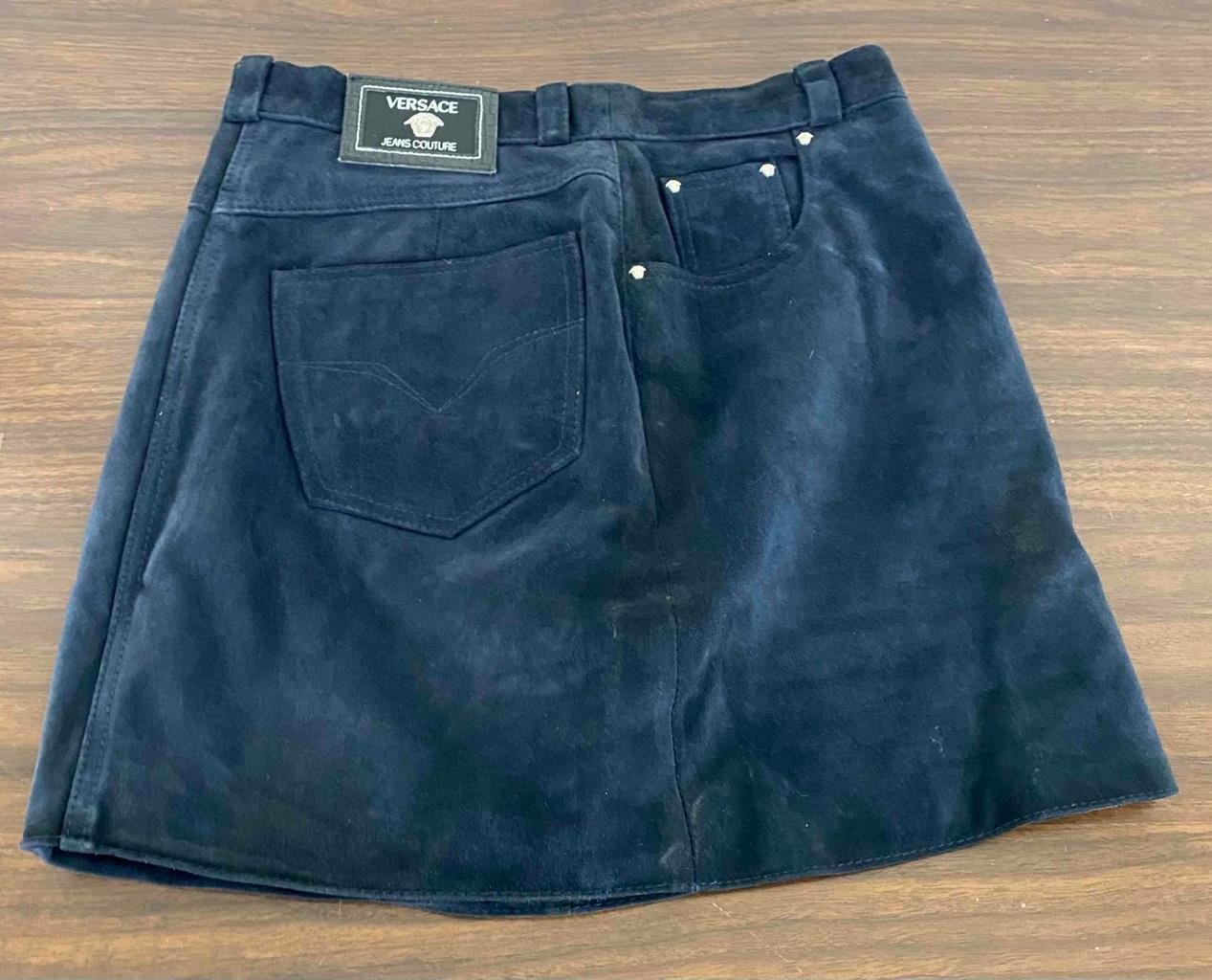 Vintage 1990s Versace Logo Jeans Couture Dark Blue Suede Mini Skirt Size 30/44