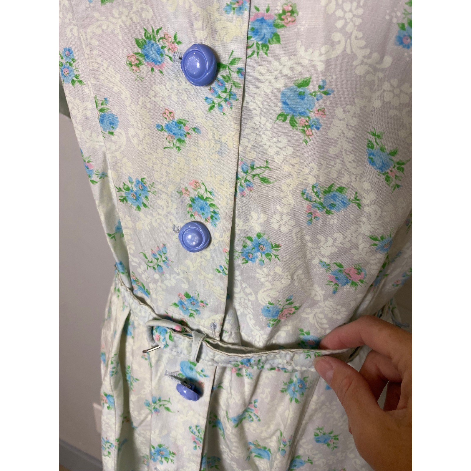 Vintage 1940’s Floral Day Dress Blue Pink Cotton Belted Button Front Tea Dress