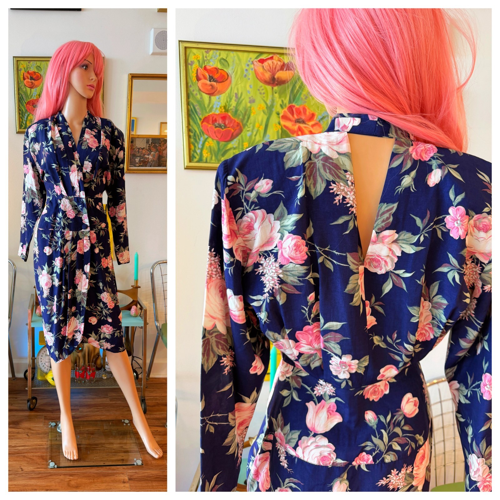 💐 Vtg 80s Navy Floral Rayon Dress Strong Shoulder Pads Plunging Keyhole Back S