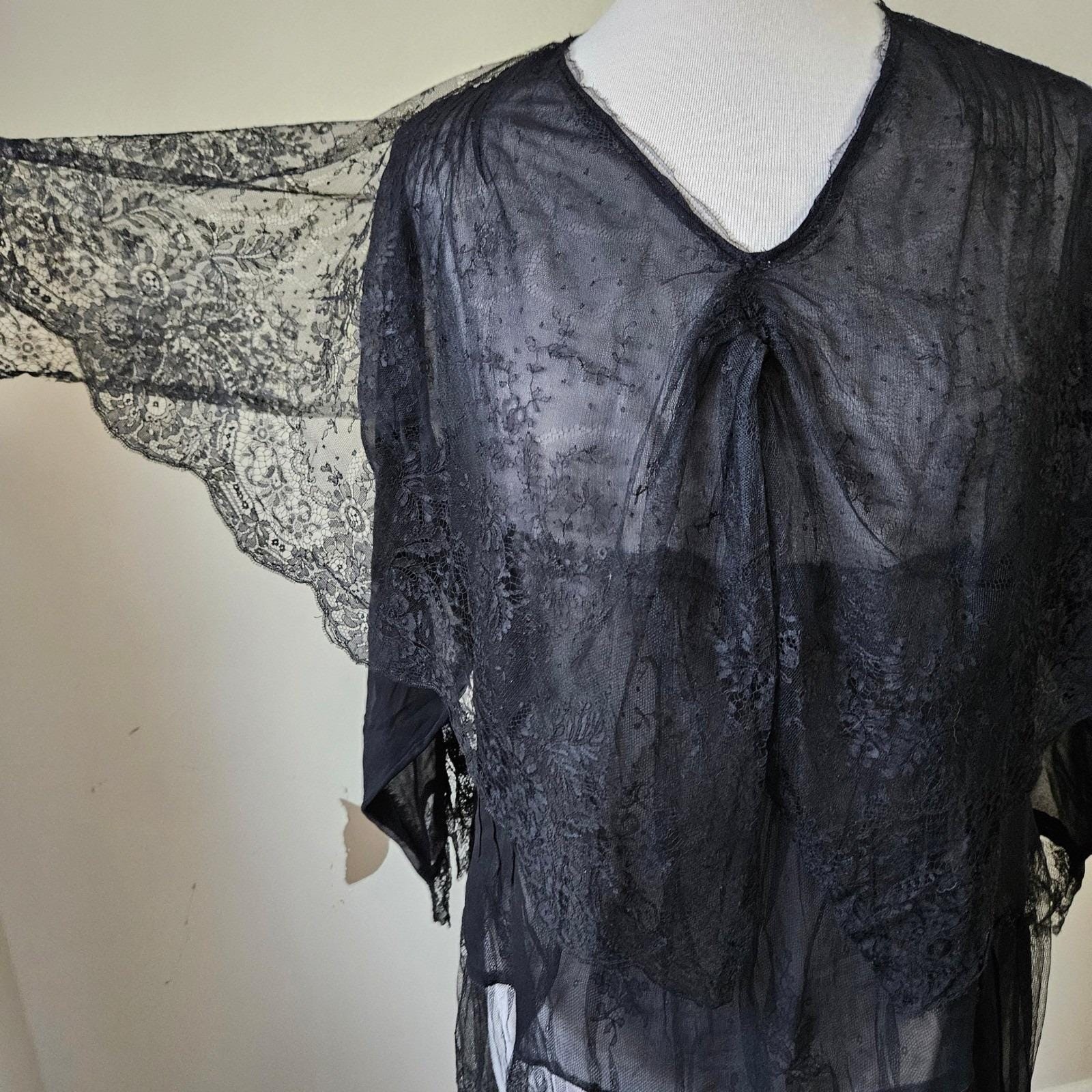 Vtg/Antique 1920s Black Mourning Silk Chiffon Lace Sheer Dress Capelet Medium