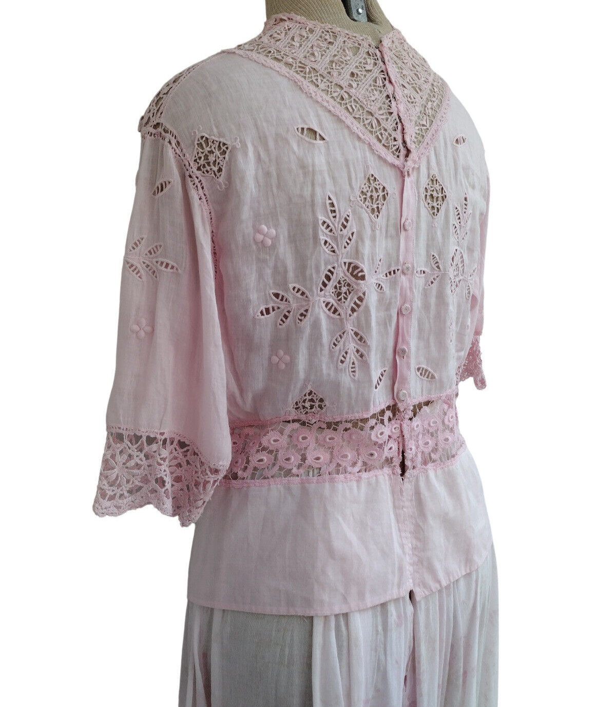 Antique Edwardian Victorian Pink Floral Bouquet Lace Prairie Maxi Dress Size S