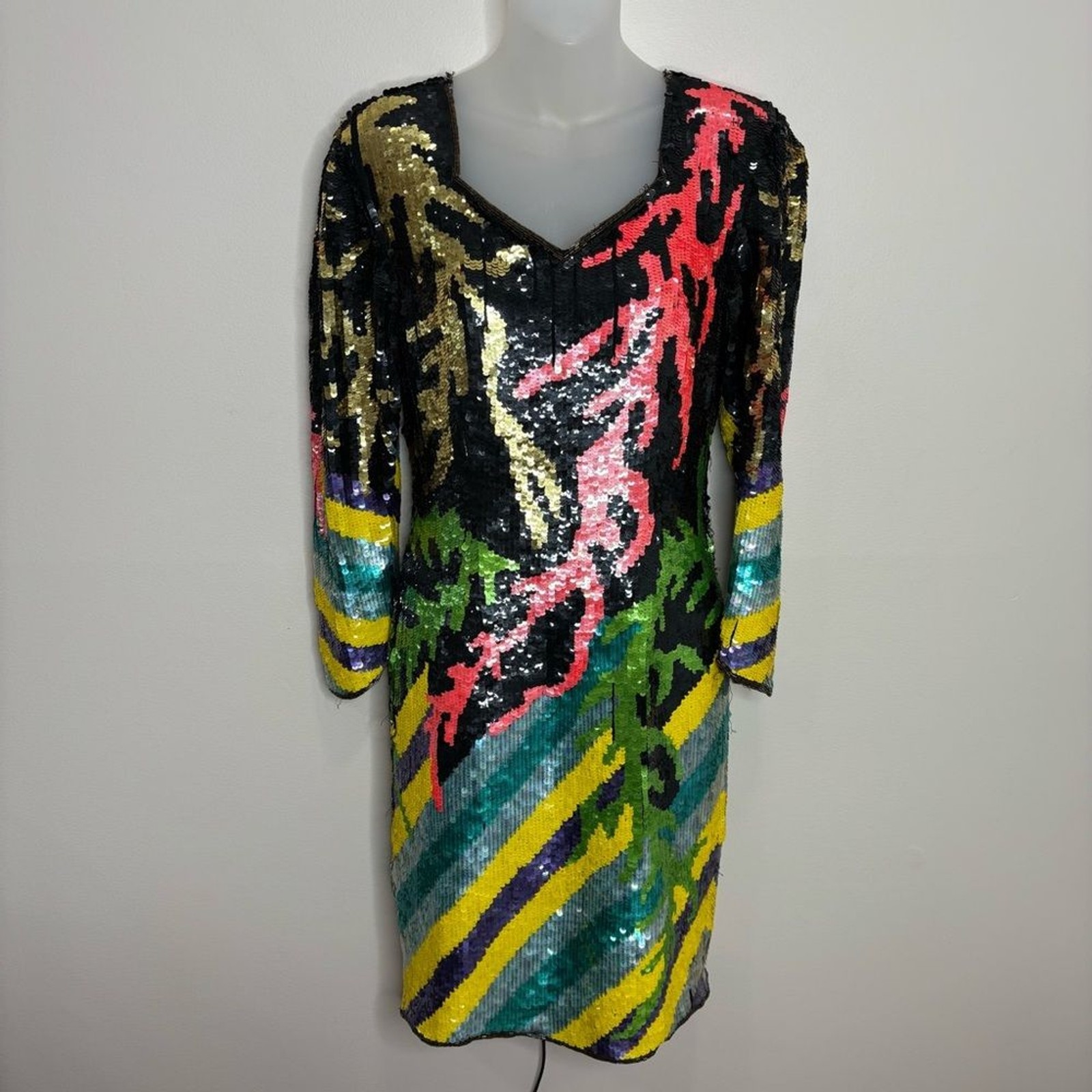 Vintage 80s fully Sequin beaded dress colorful abstract art to wear fits small