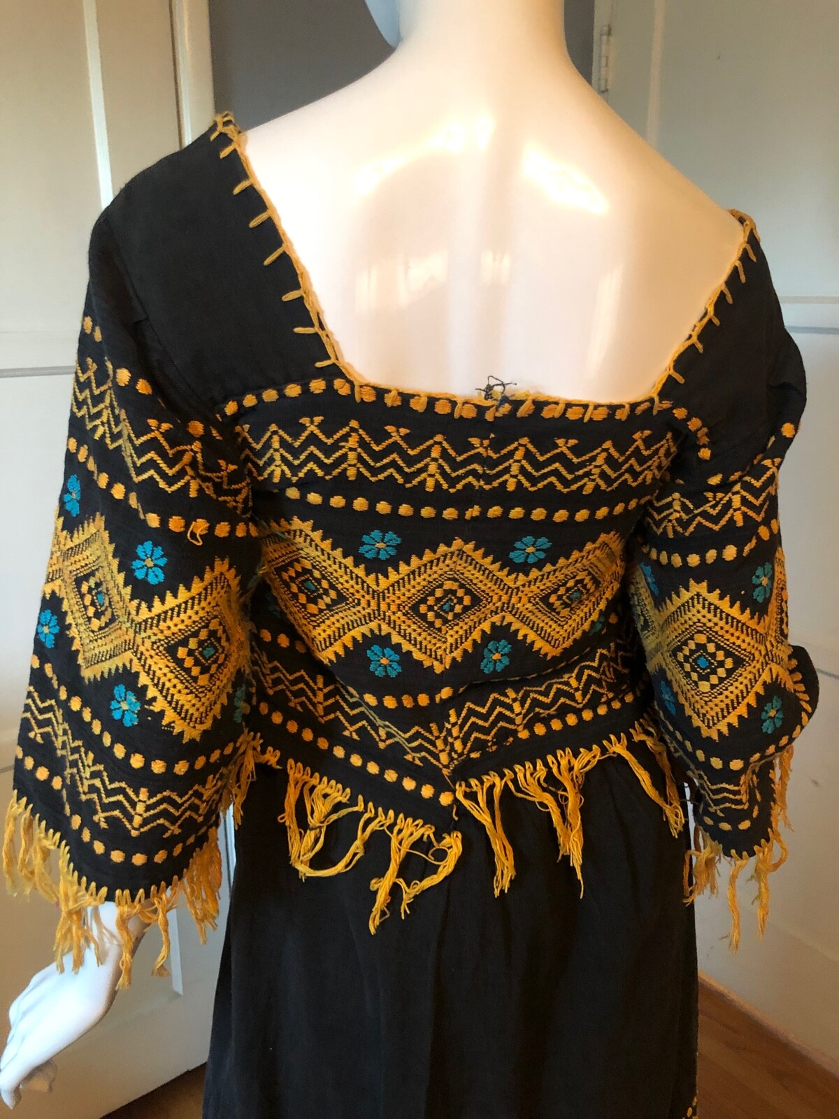 Dress M Vtg 70s Cotton EMBROIDERED FLORAL FRINGE Ethnic BOHO Mexican MIDI OOAK