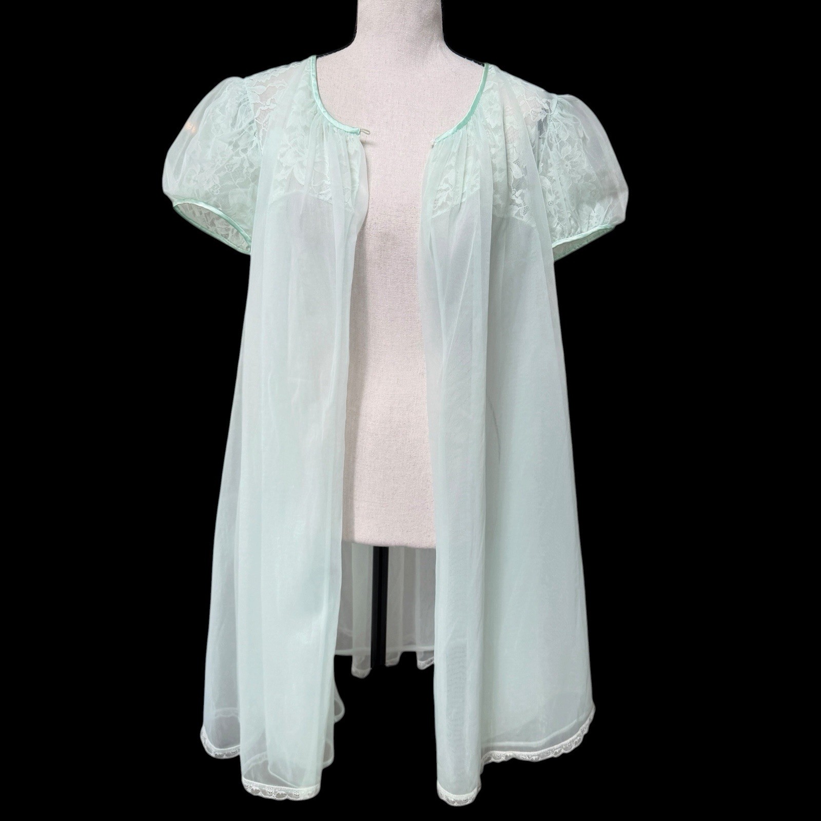 Vintage 60s Vanity Fair Sheer Nylon Peignoir Robe Lace Mint Green Medium