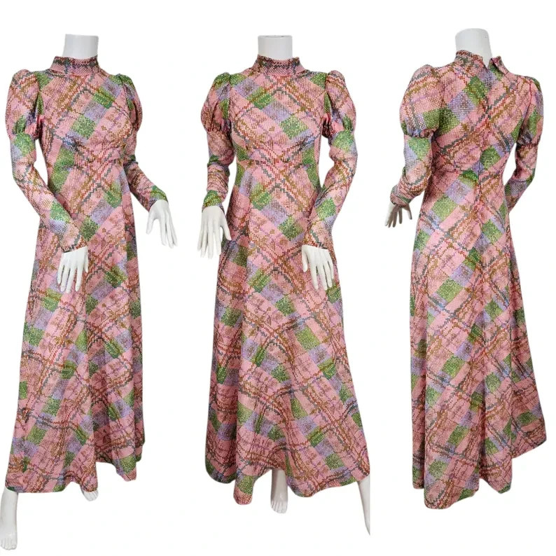 1970s Pink Green Pixelated Plaid Nylon Maxi Dress I Sz Sm I Leg o Mutton Sleeves