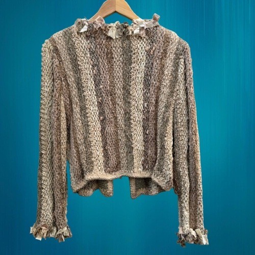 Vintage 1991 Estelle Gracer Handwoven Fiber Art Ribbon Knit Cardigan Medium Rare
